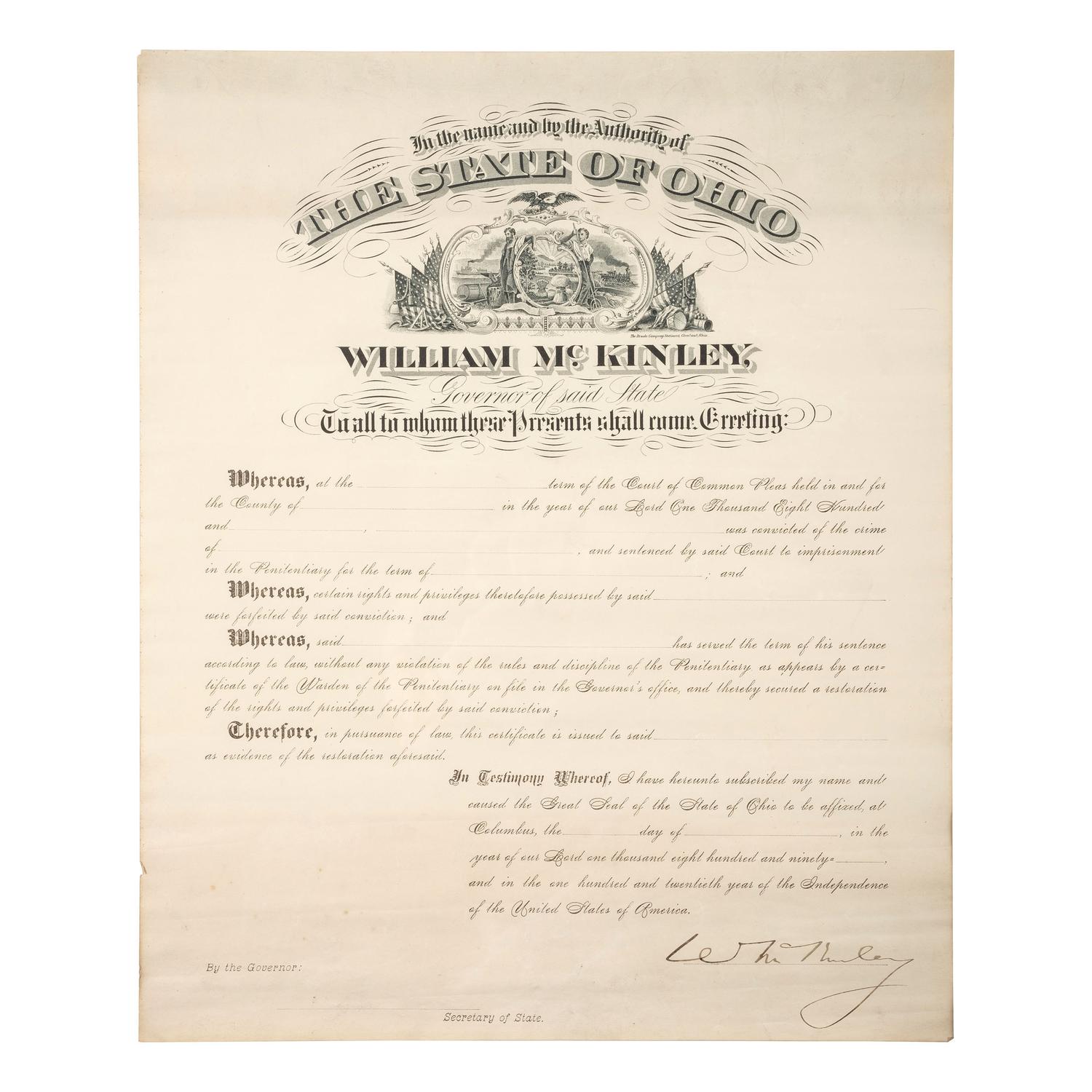 [POLITICS IN AMERICA] - [OHIO]. A group of 4 documents signed, incl. William McKinley.