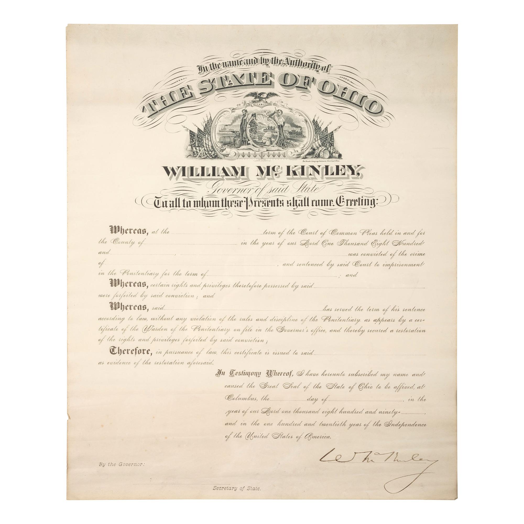[POLITICS IN AMERICA] - [OHIO]. A group of 4 documents signed, incl. William McKinley.