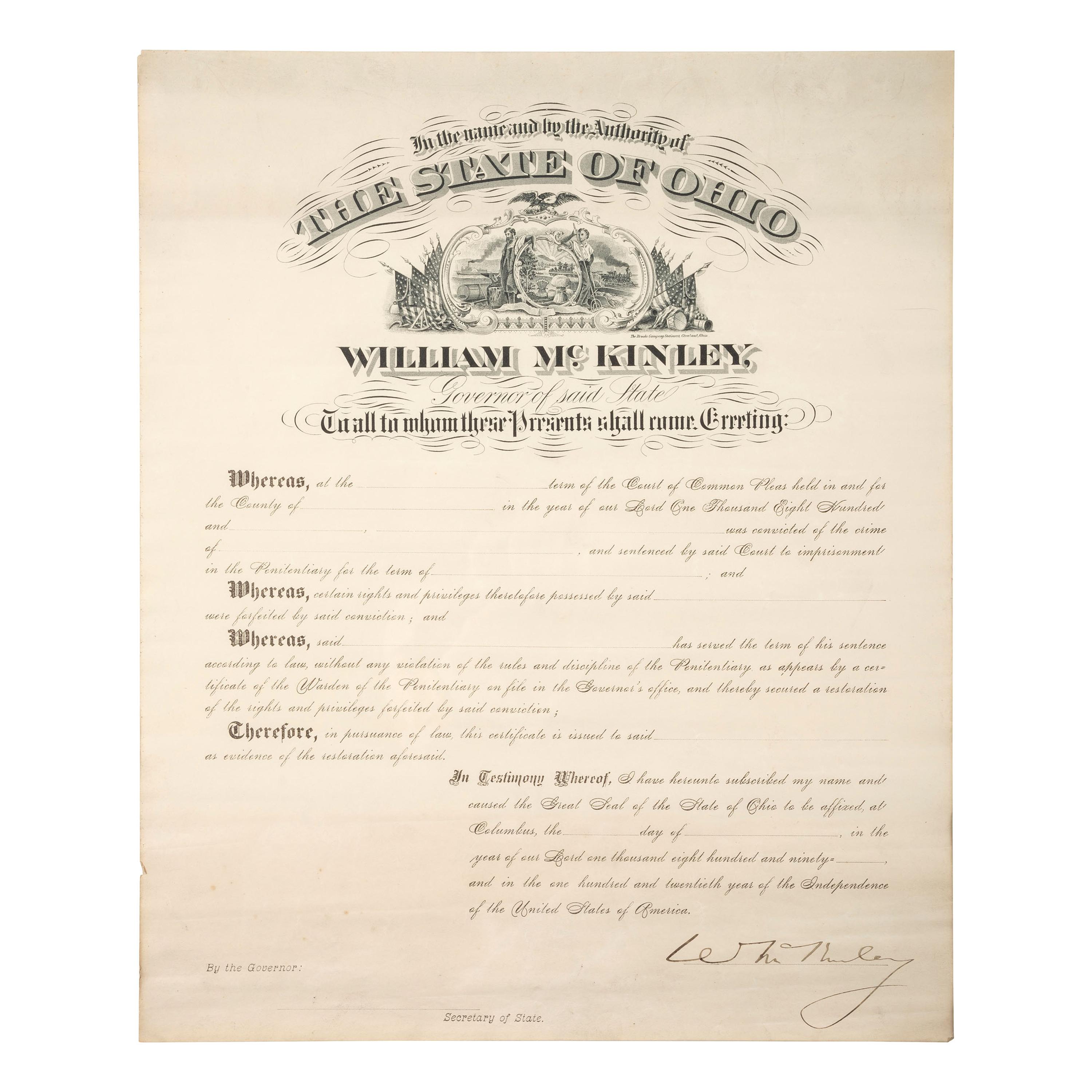 [POLITICS IN AMERICA] - [OHIO]. A group of 4 documents signed, incl. William McKinley.