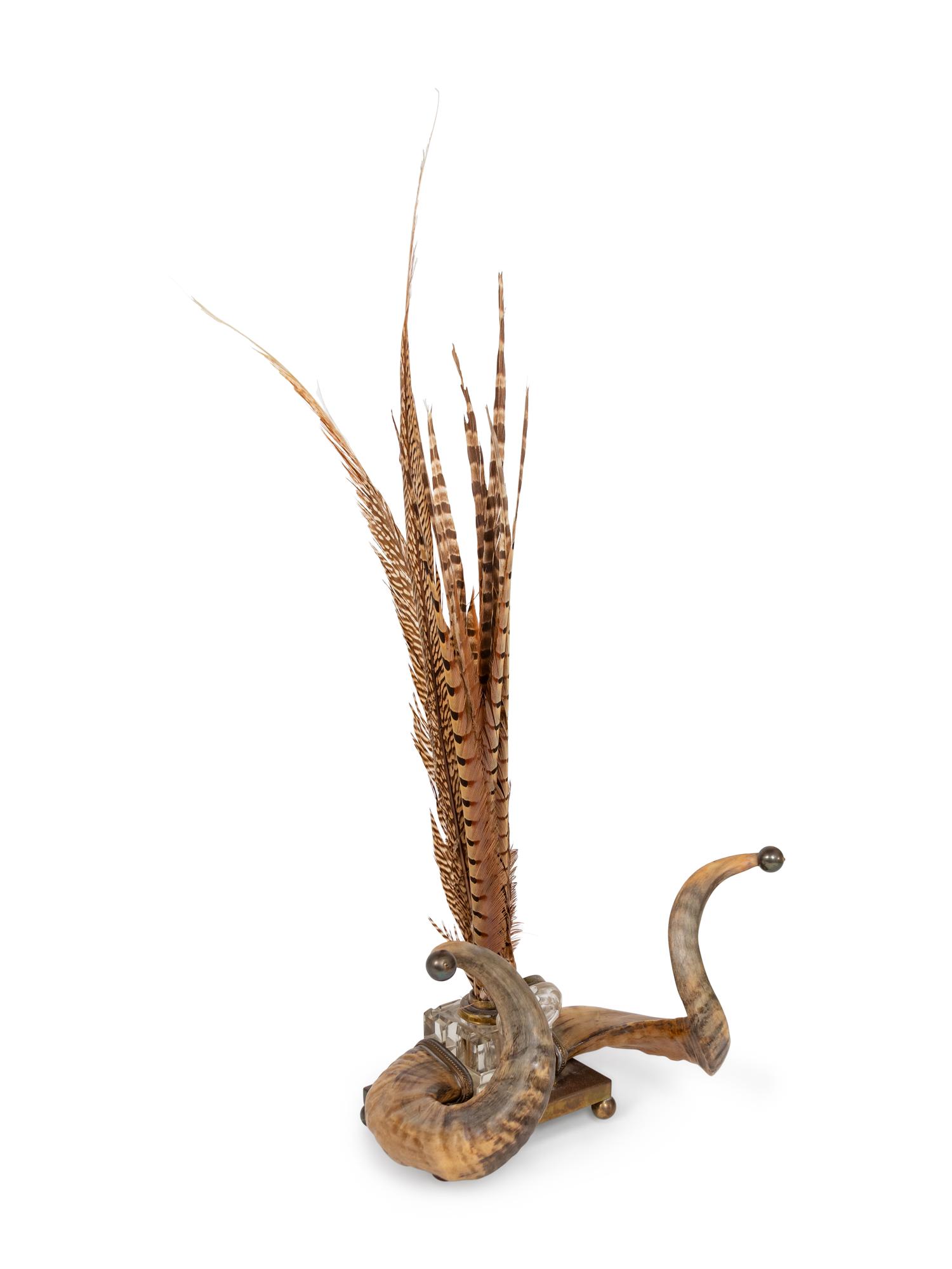 A Victorian Horn Ink Stand with Pheasant Feathers