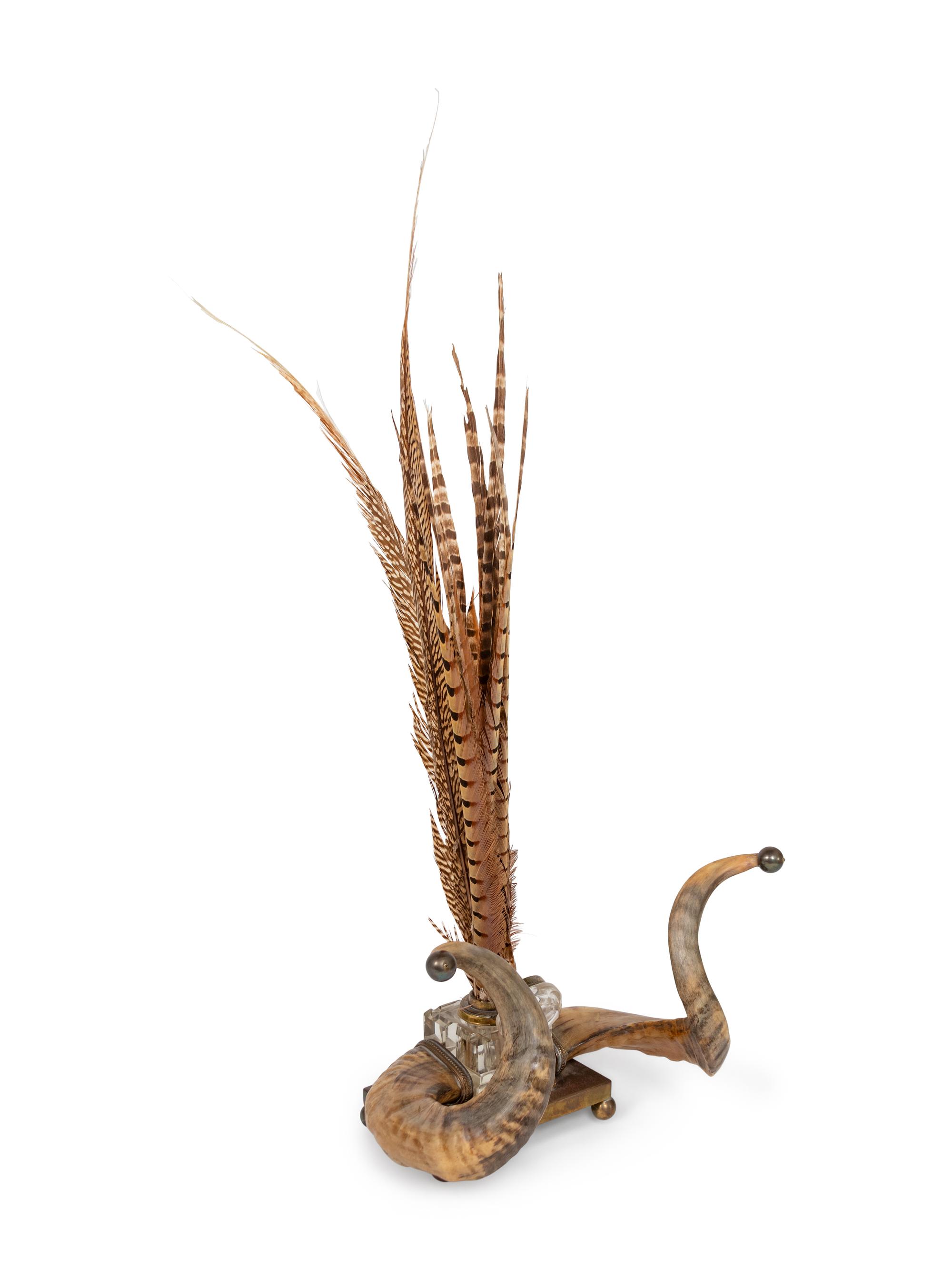 A Victorian Horn Ink Stand with Pheasant Feathers