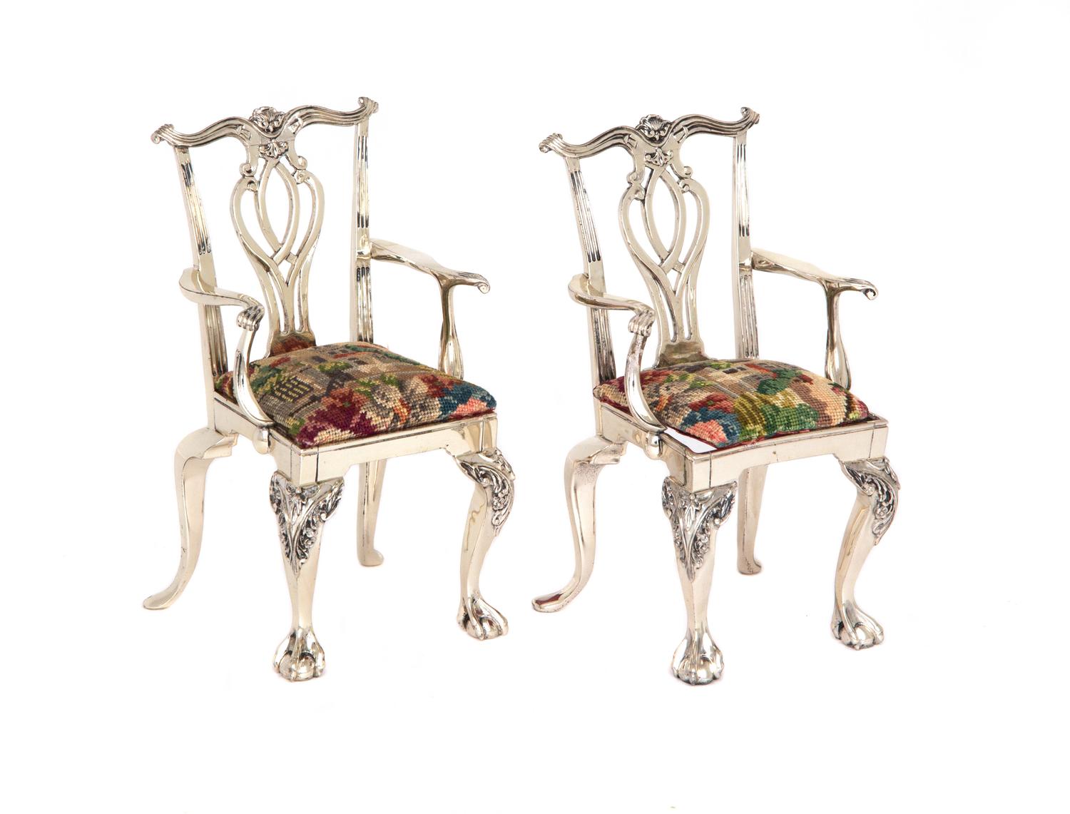 A Pair of Silver Chippendale Style Miniature Armchairs Height 4 3/4 inches. — Stamped .925