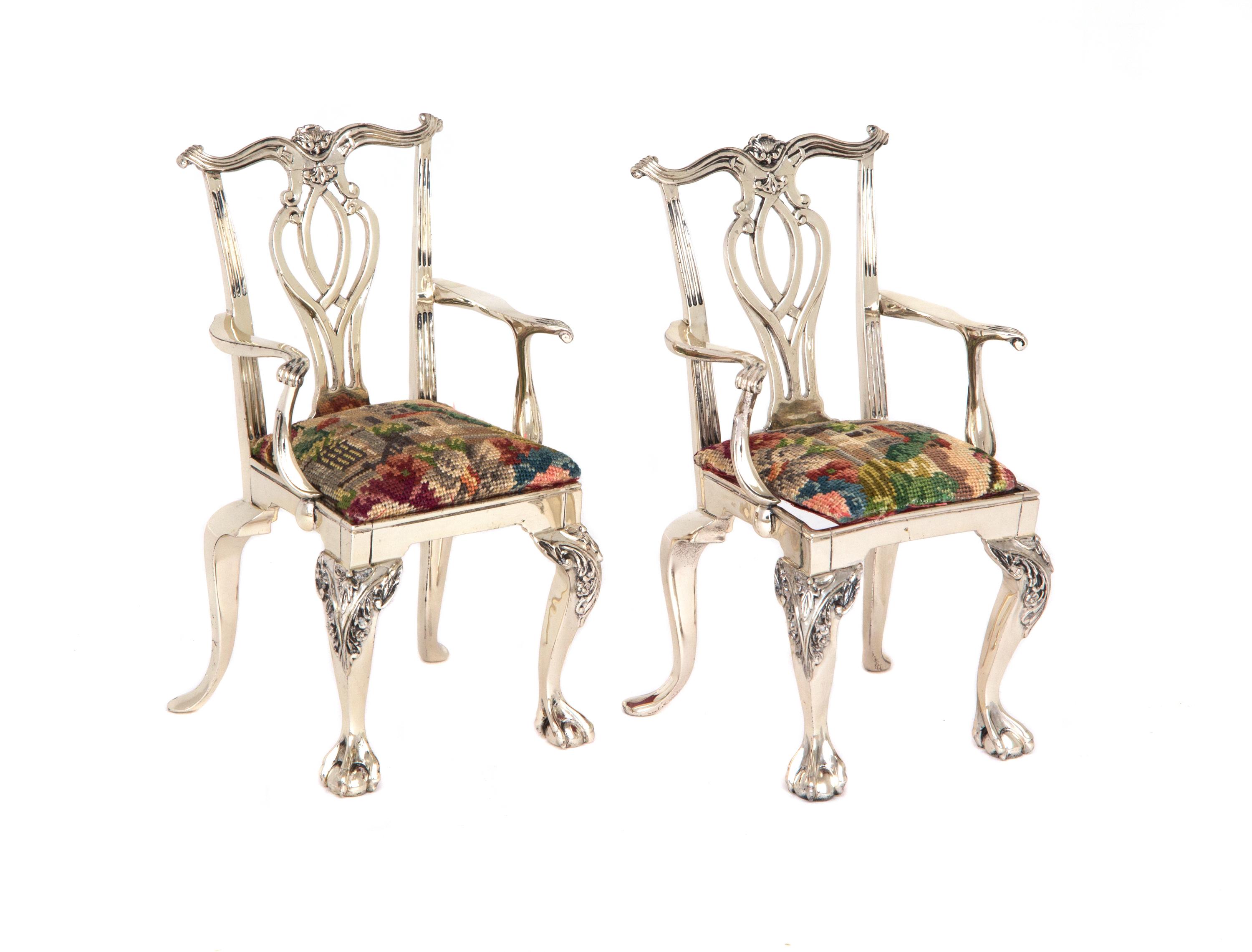 A Pair of Silver Chippendale Style Miniature Armchairs Height 4 3/4 inches. — Stamped .925