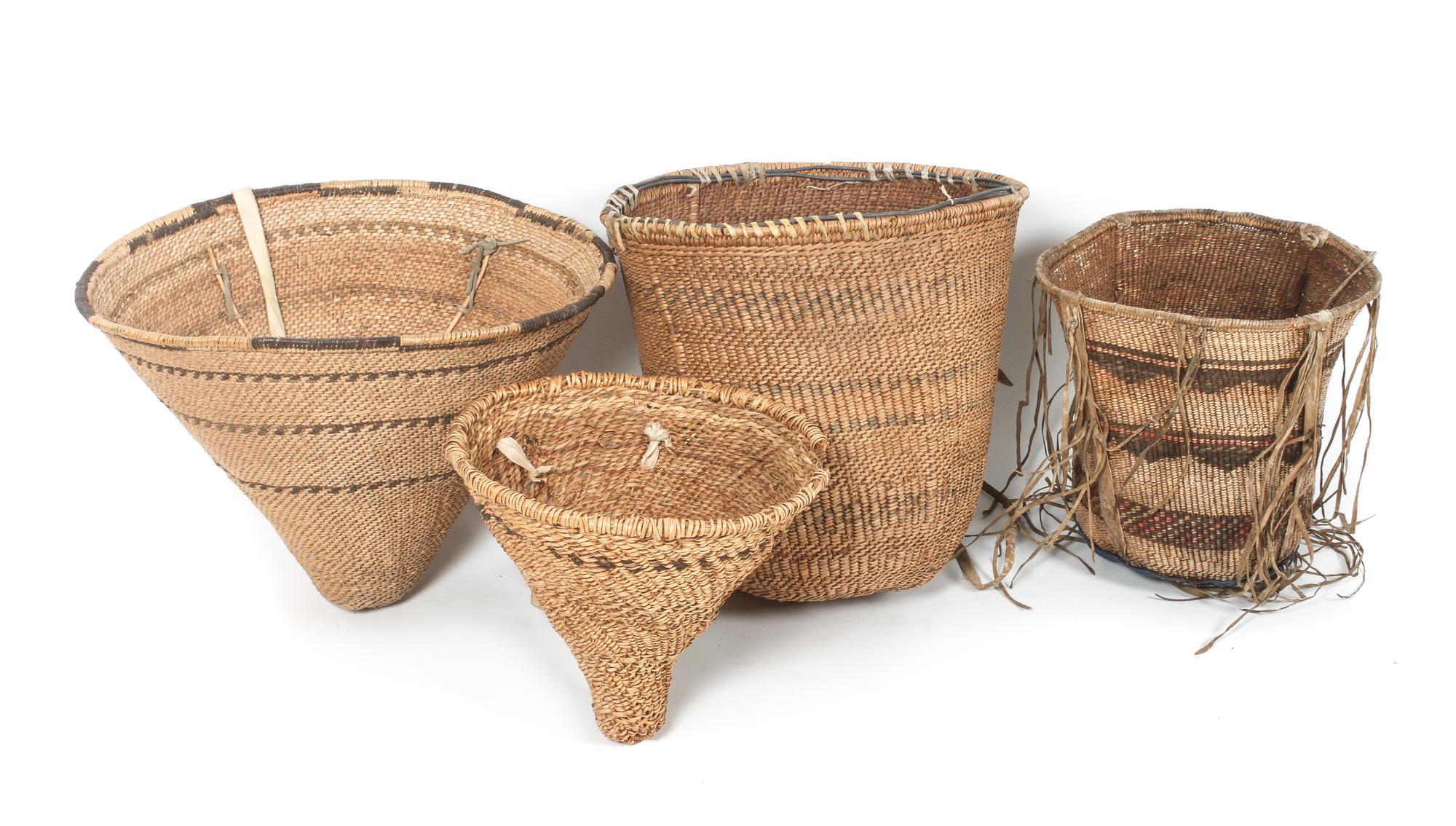 Seven Apache Gathering Baskets Height of largest 16 x diameter 16 1/2 inches.