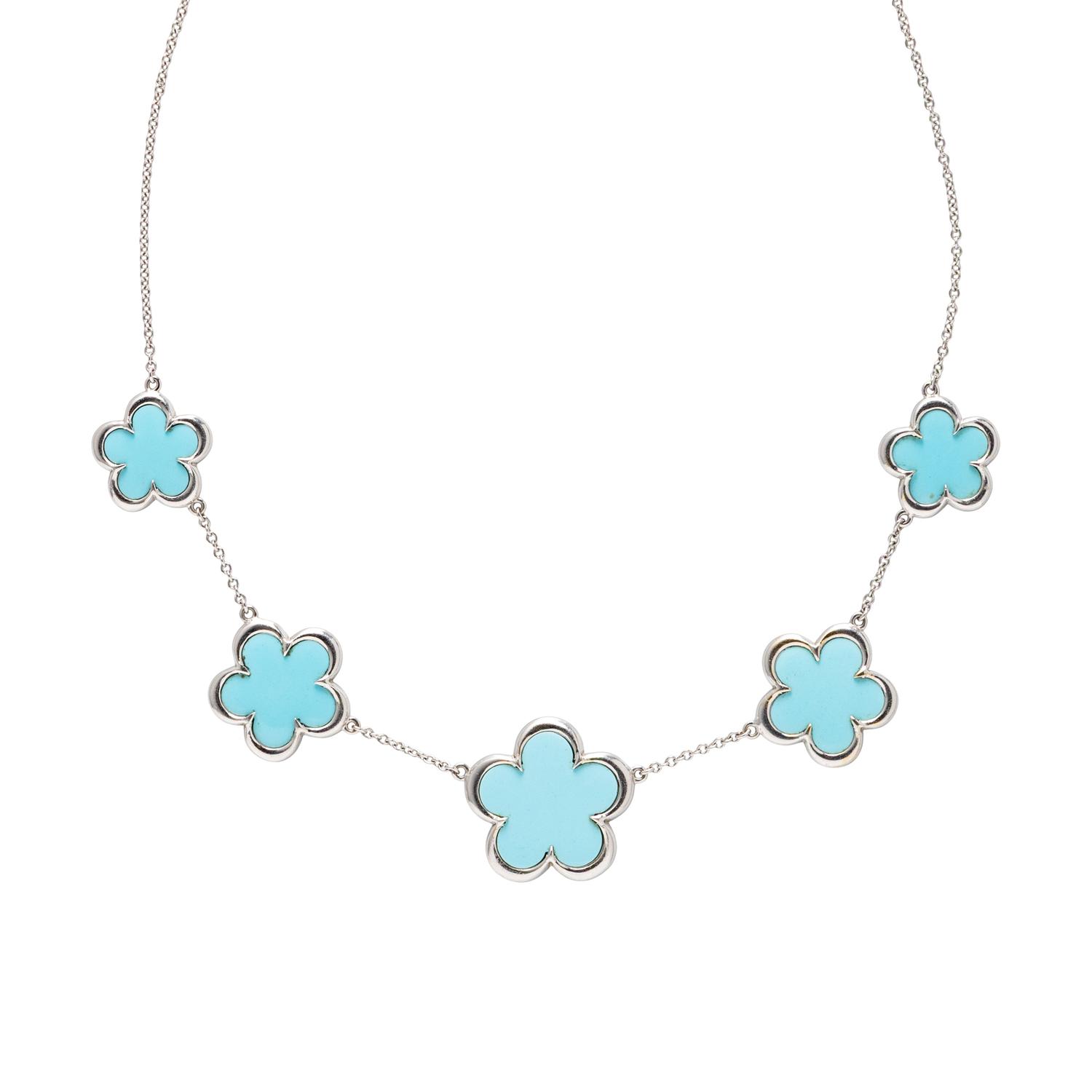 WHITE GOLD, DIAMOND, AND HARDSTONE FLOWER STATION NECKLACE