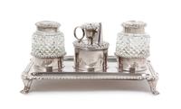 A George III Silver Standish, John Roberts & Co., Sheffield, 1813 and Others, the rectangular tray having a gadroon rim and fitted with