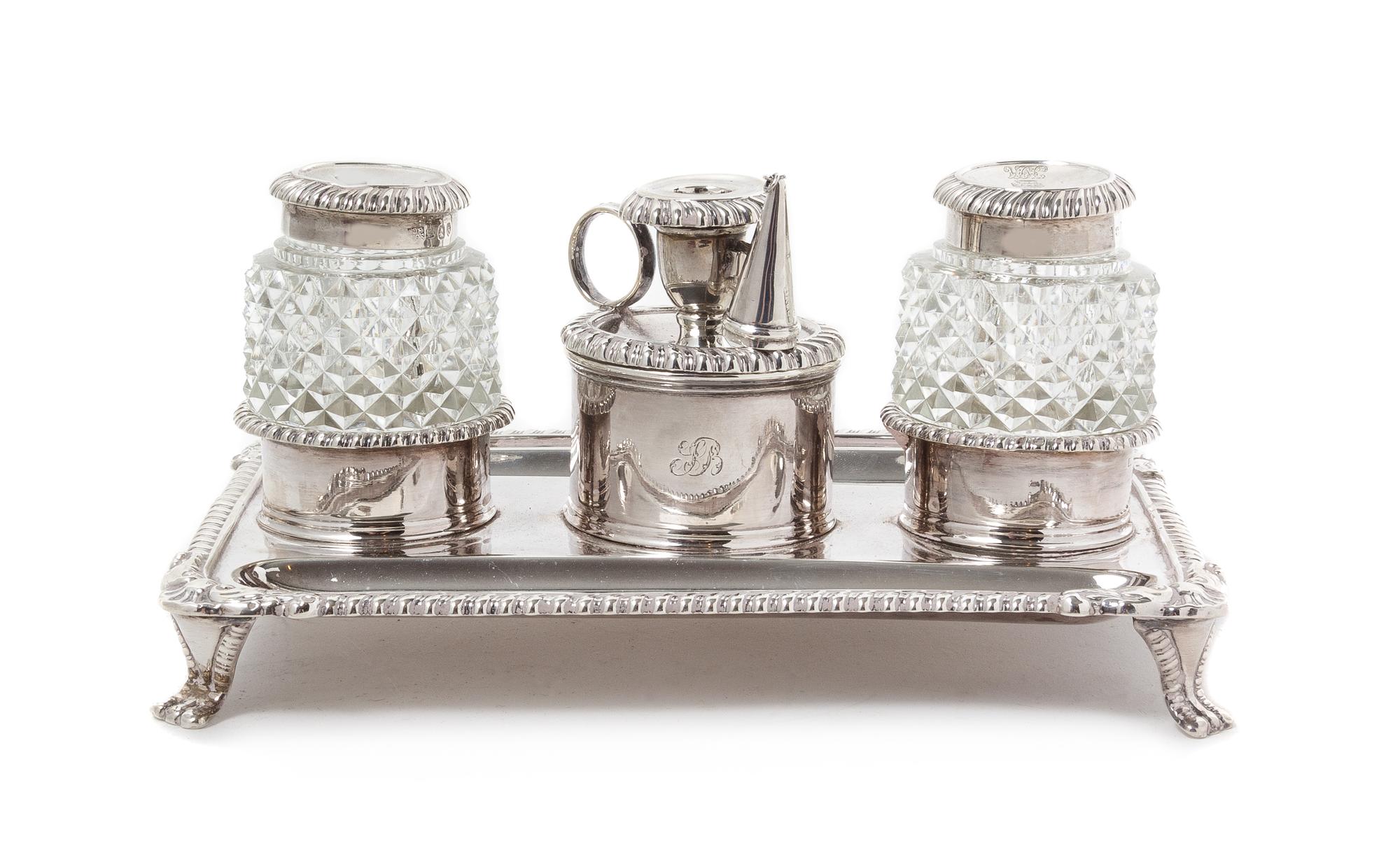 A George III Silver Standish, John Roberts & Co., Sheffield, 1813 and Others, the rectangular tray having a gadroon rim and fitted with