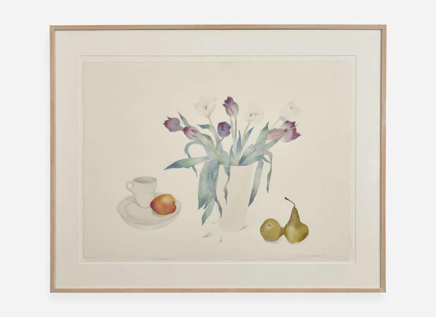 Susan Headley Van Campen (American, b. 1951), Fruit and Purple Tulips