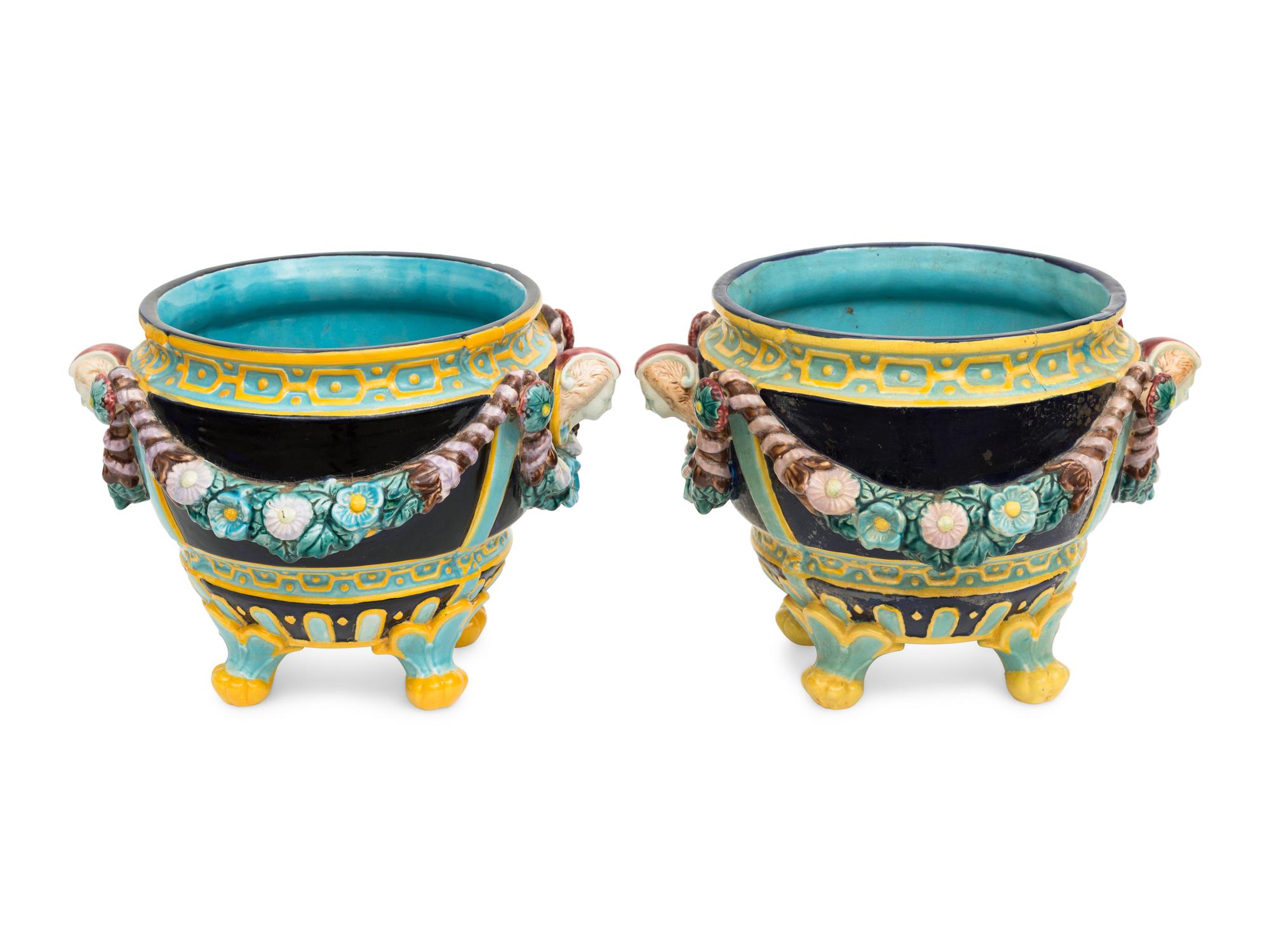 A Pair of English Majolica Footed Jardinieres