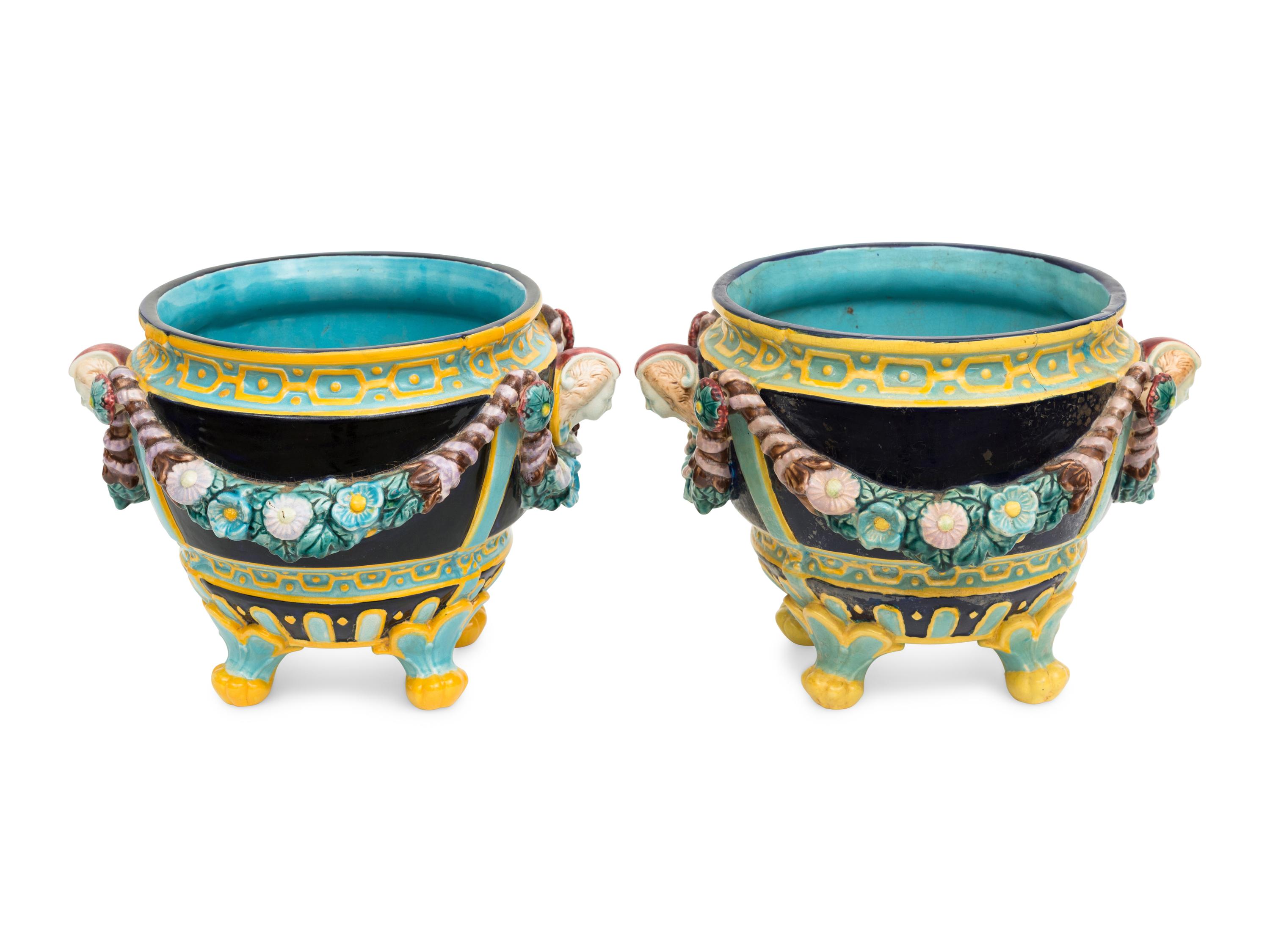 A Pair of English Majolica Footed Jardinieres