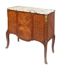 A Louis XV/XVI Transitional Style Marquetry Marble-Top Commode