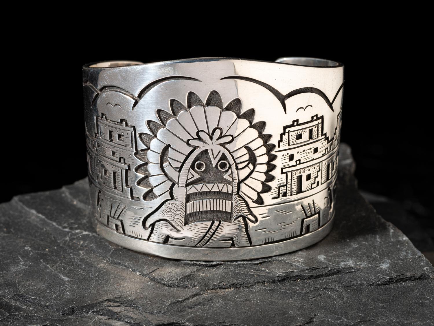 Silver Overlay Katsina and Pueblo Cuff Bracelet