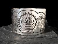 Silver Overlay Katsina and Pueblo Cuff Bracelet