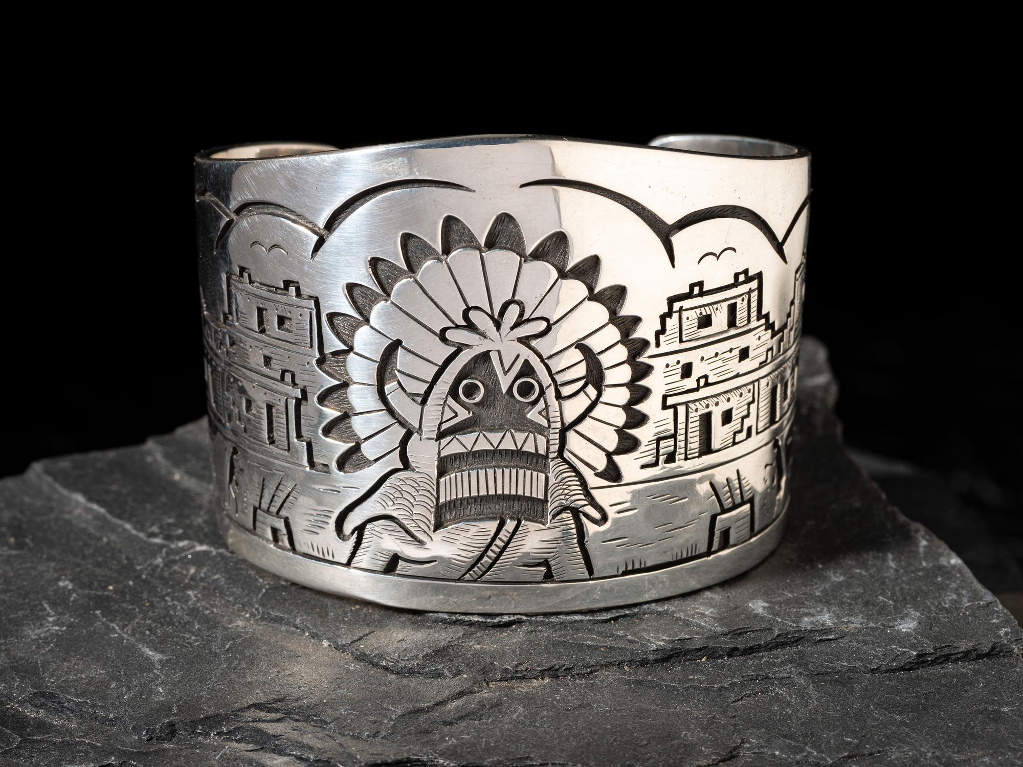 Silver Overlay Katsina and Pueblo Cuff Bracelet