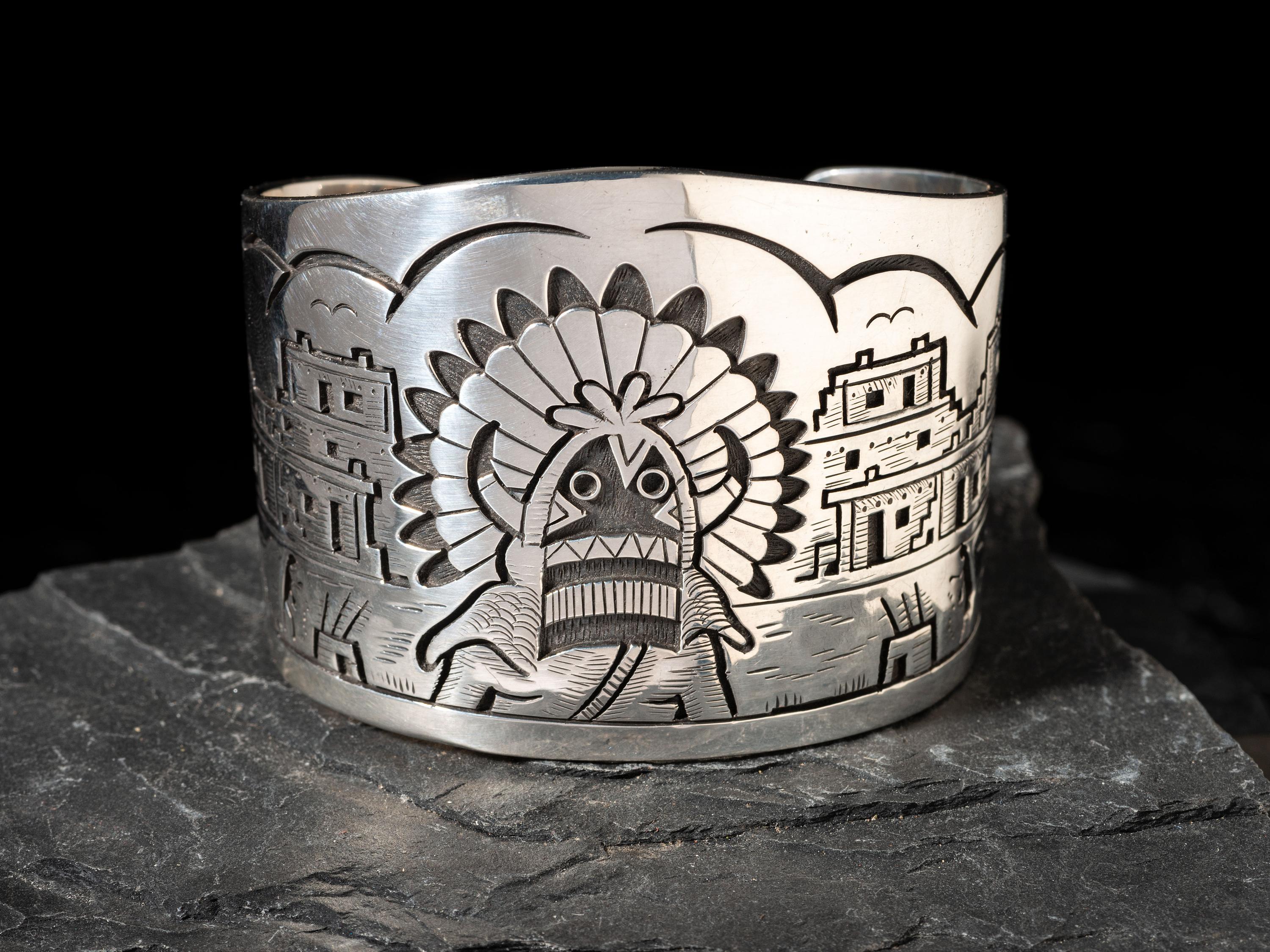 Silver Overlay Katsina and Pueblo Cuff Bracelet