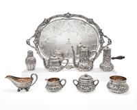 An Assembled American Eight-Piece Repoussé Silver Tea and Coffee Service