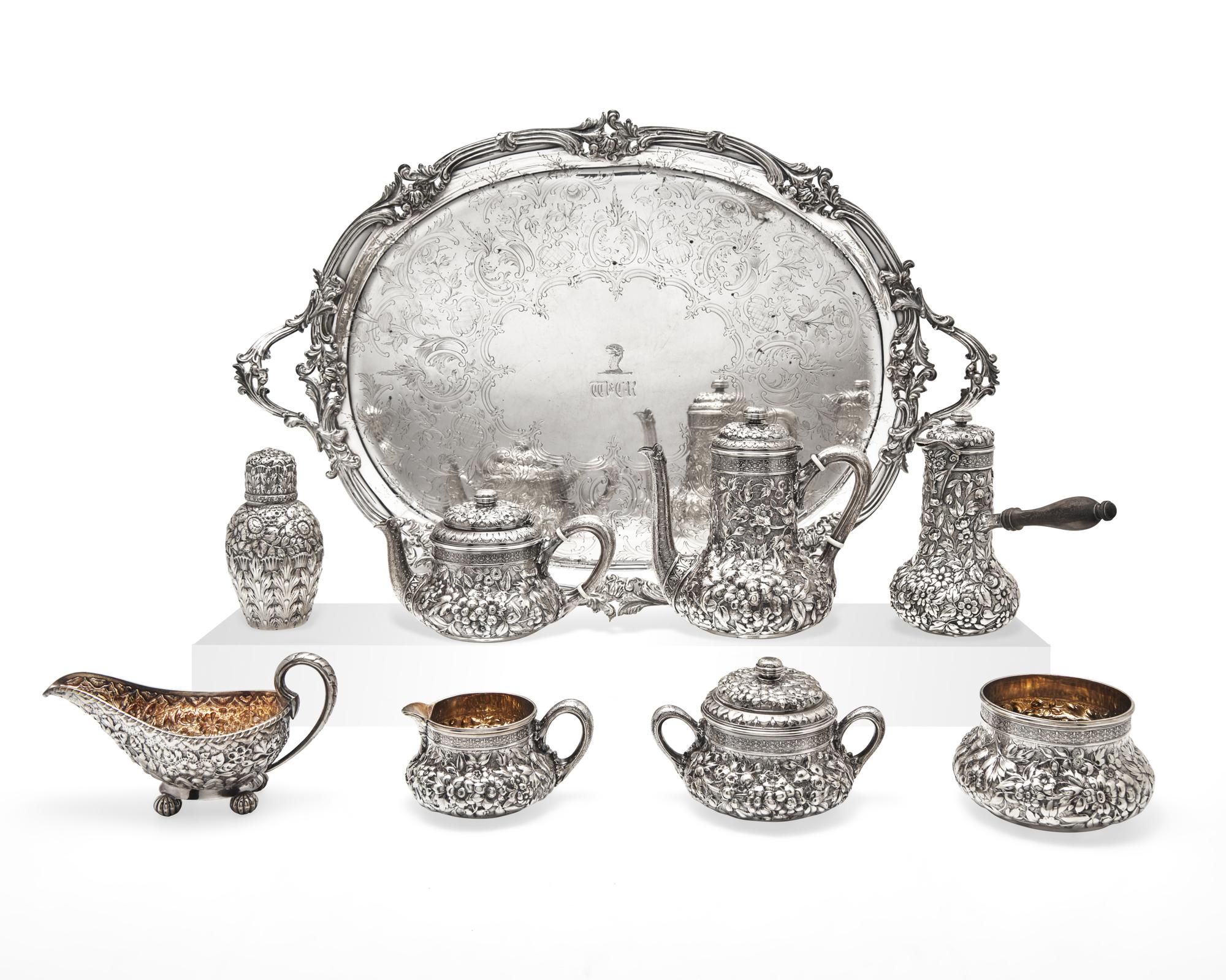 An Assembled American Eight-Piece Repoussé Silver Tea and Coffee Service