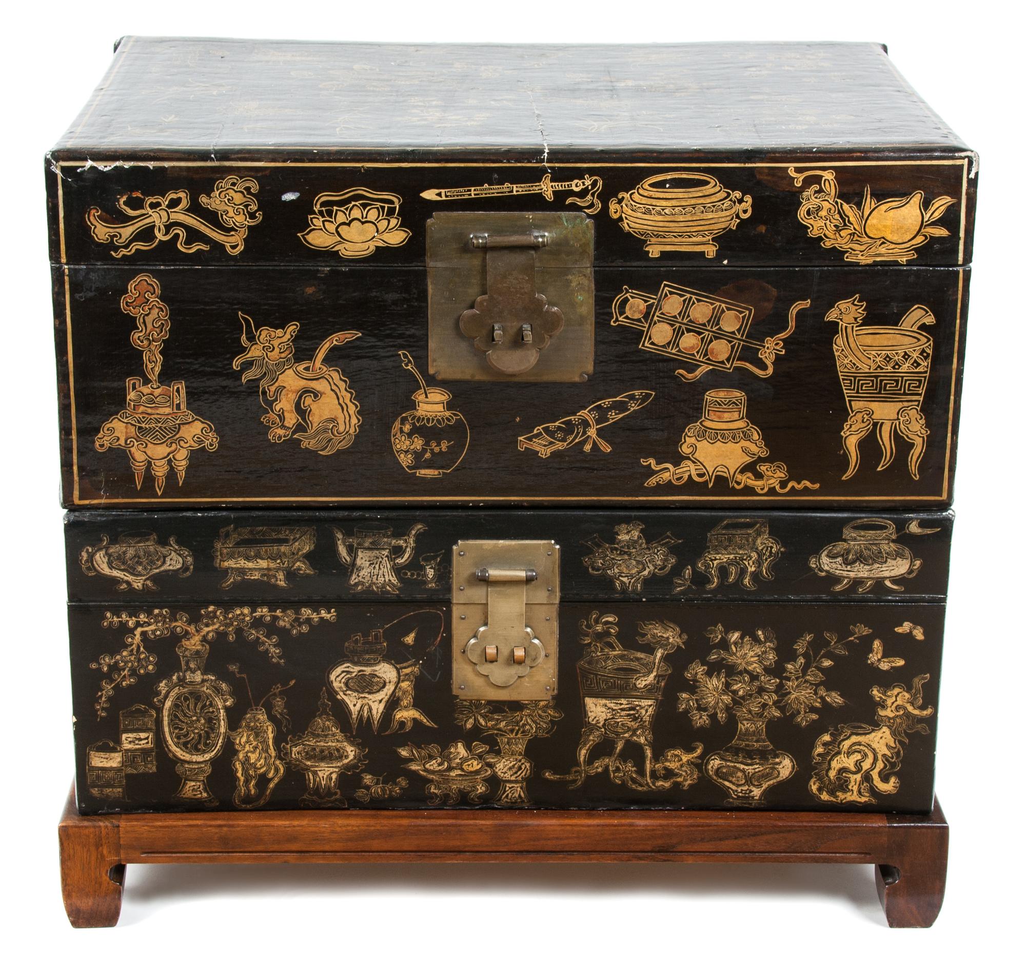 A Chinese Black and Gilt Lacquer Bride's Box Height 27 x width 22 x depth 17 1/2 inches.