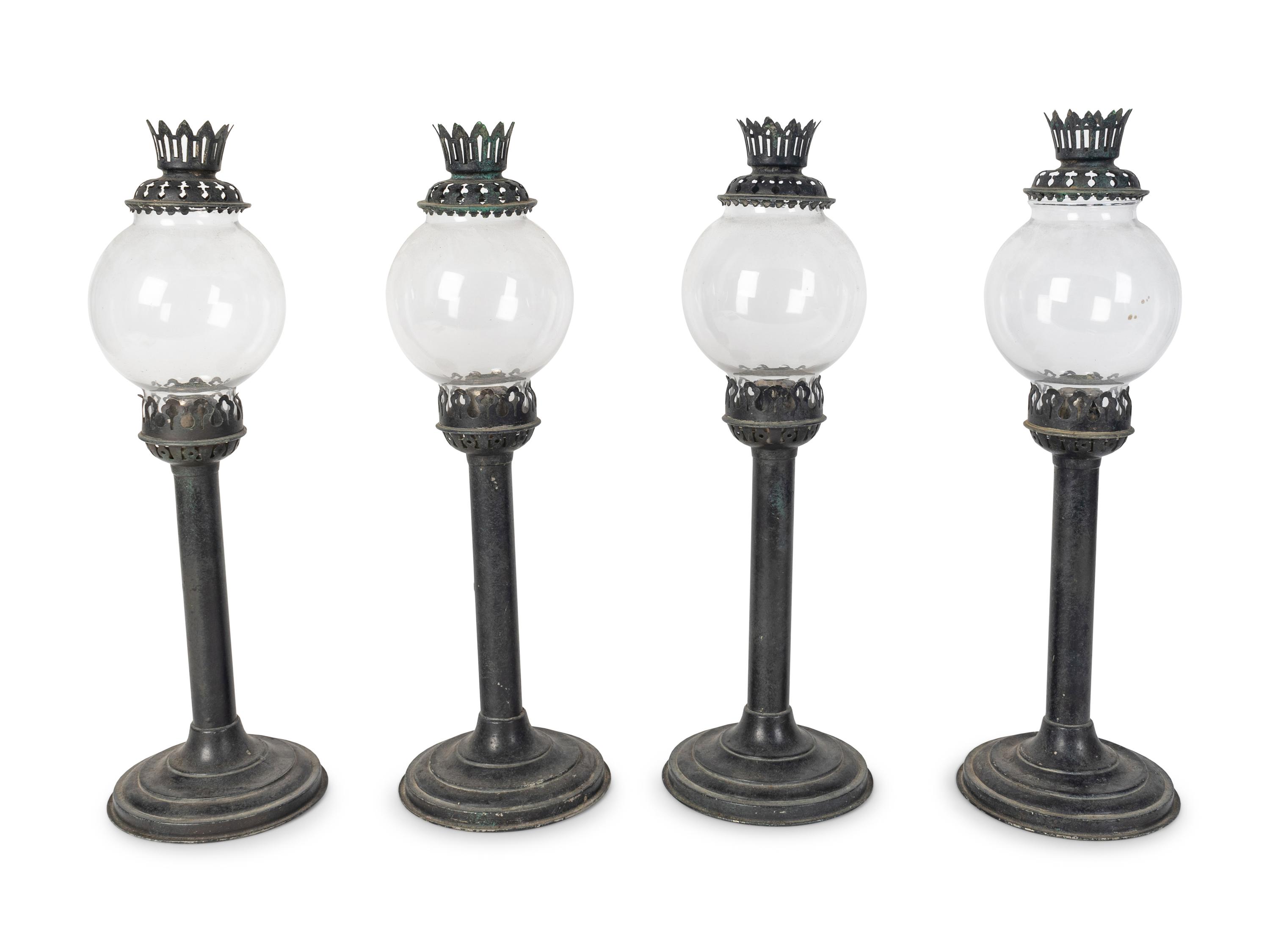 A Set of Four English Tole and Glass Hurricane Candlesticks — SHERWOOD'S LIMITED, BIRMINGHAM, EARLY 20TH CENTURY
