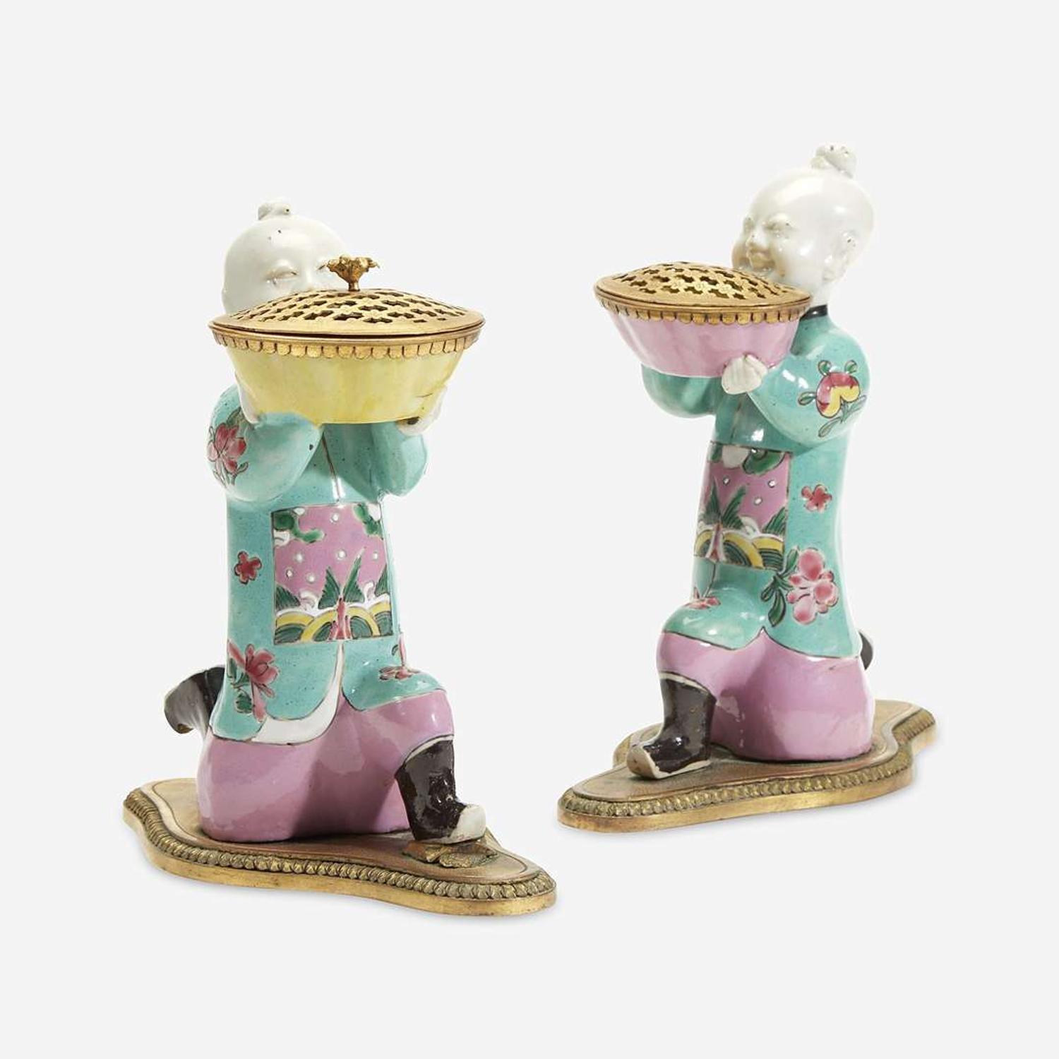 A Pair of Chinese Export Famille Rose Gilt Bronze-Mounted Figural Brûle Parfum The porcelain late 18th/early 19th century