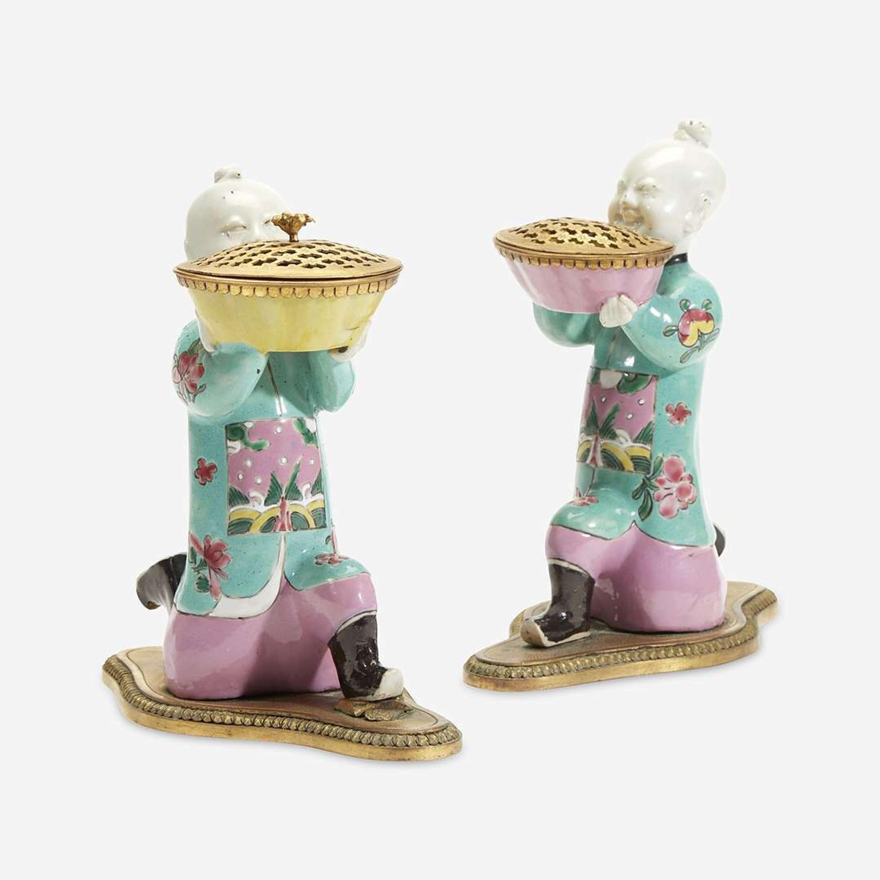 A Pair of Chinese Export Famille Rose Gilt Bronze-Mounted Figural Brûle Parfum The porcelain late 18th/early 19th century