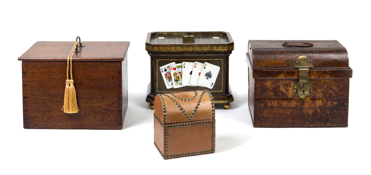 A Group of Four Decorative Boxes Largest height 9 1/2 x width 12 x depth 8 1/2 inches.