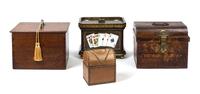 A Group of Four Decorative Boxes Largest height 9 1/2 x width 12 x depth 8 1/2 inches.