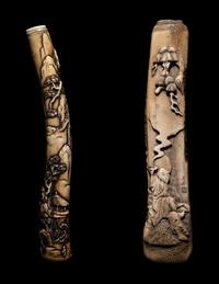 Two Japanese Carved Bone Brush Holders