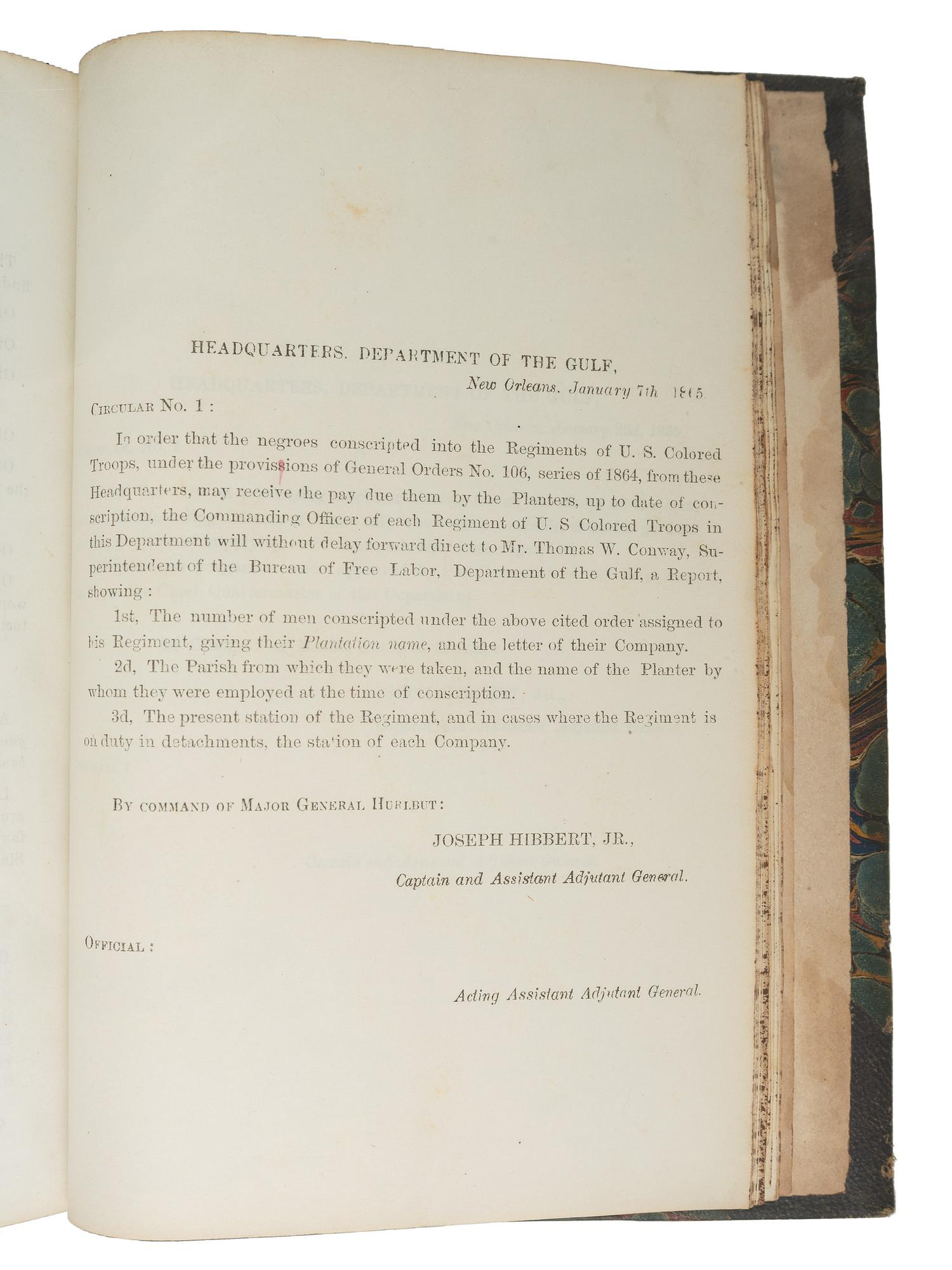 [CIVIL WAR]. Bound volume of General Orders and Circulars issued by the Department of the Gulf including orders related to Colored Troops, Freedmen, and Lincoln's Assassination, 1865.