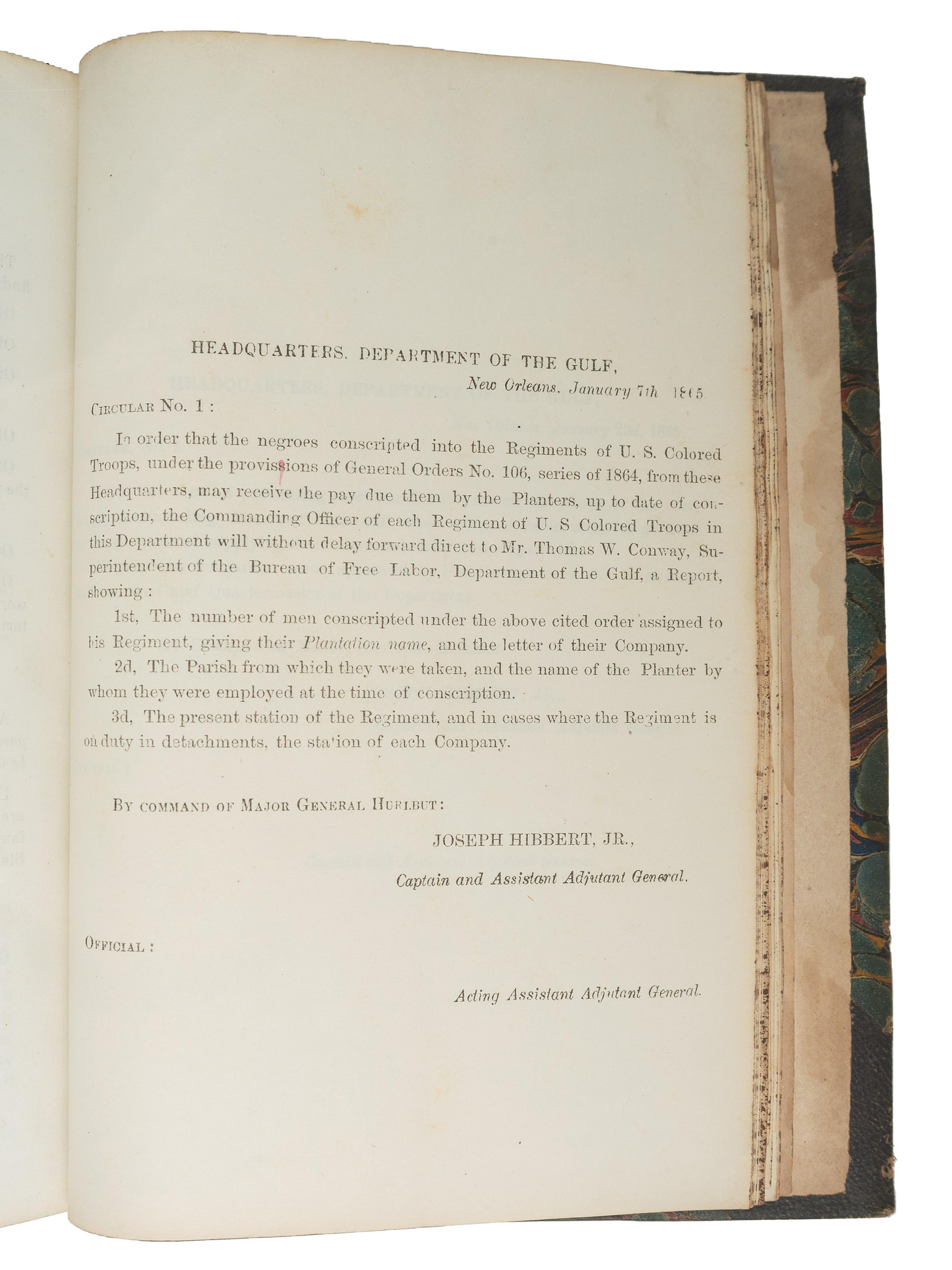[CIVIL WAR]. Bound volume of General Orders and Circulars issued by the Department of the Gulf including orders related to Colored Troops, Freedmen, and Lincoln's Assassination, 1865.