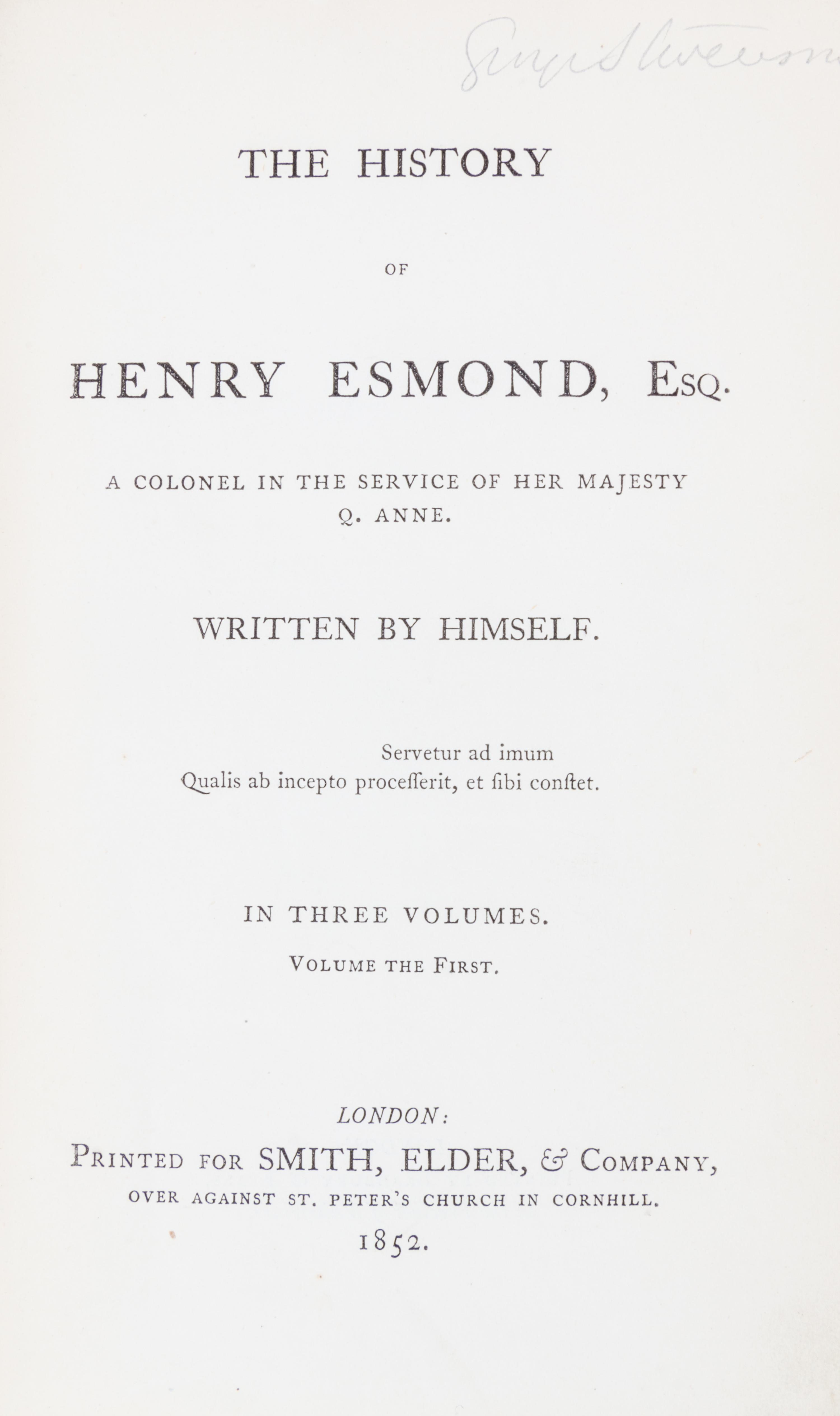 THACKERAY, W.M. The History of Henry Esmond. London, 1852.