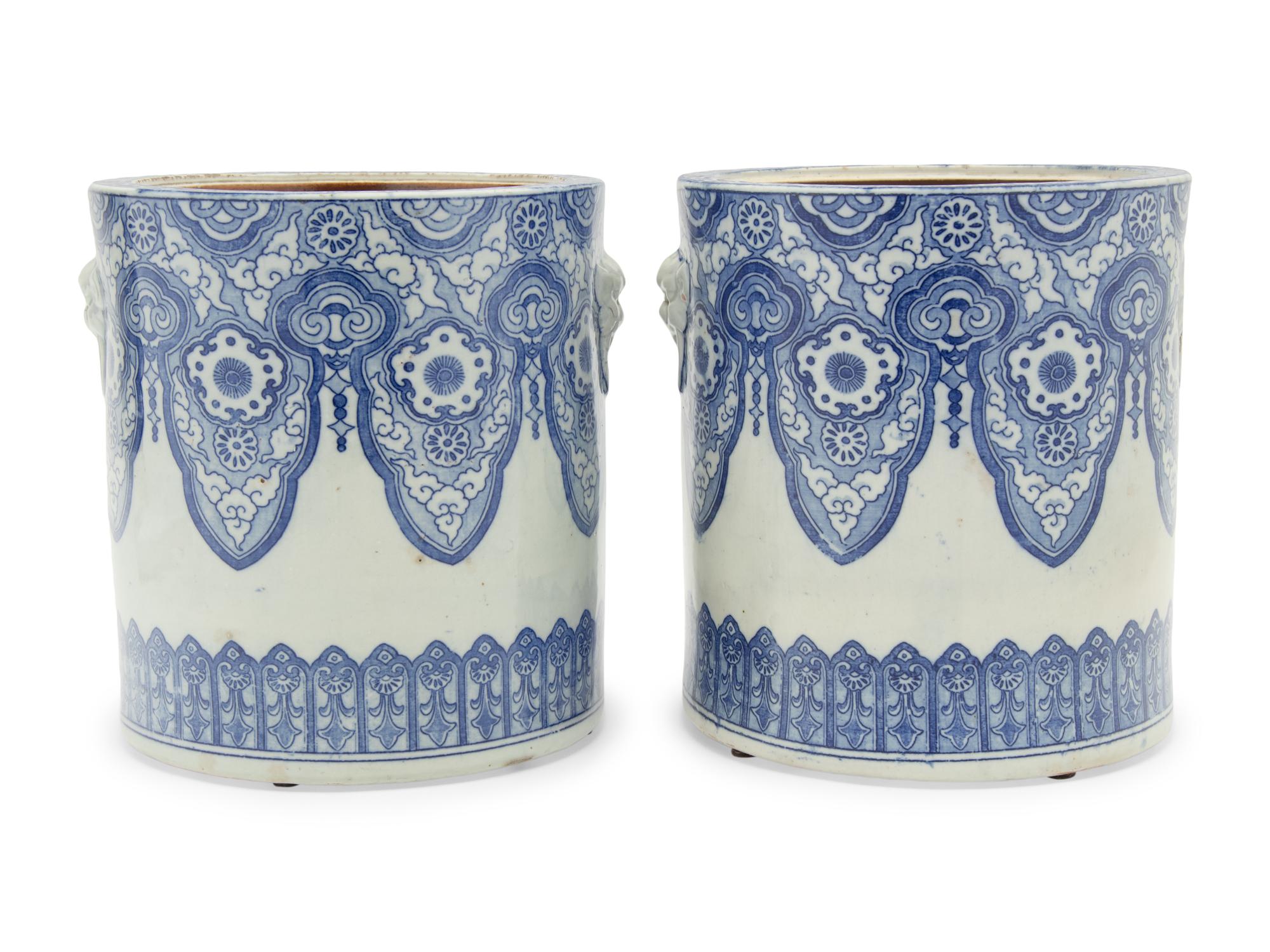 A Pair of Japanese Blue and White Porcelain Cache Pots