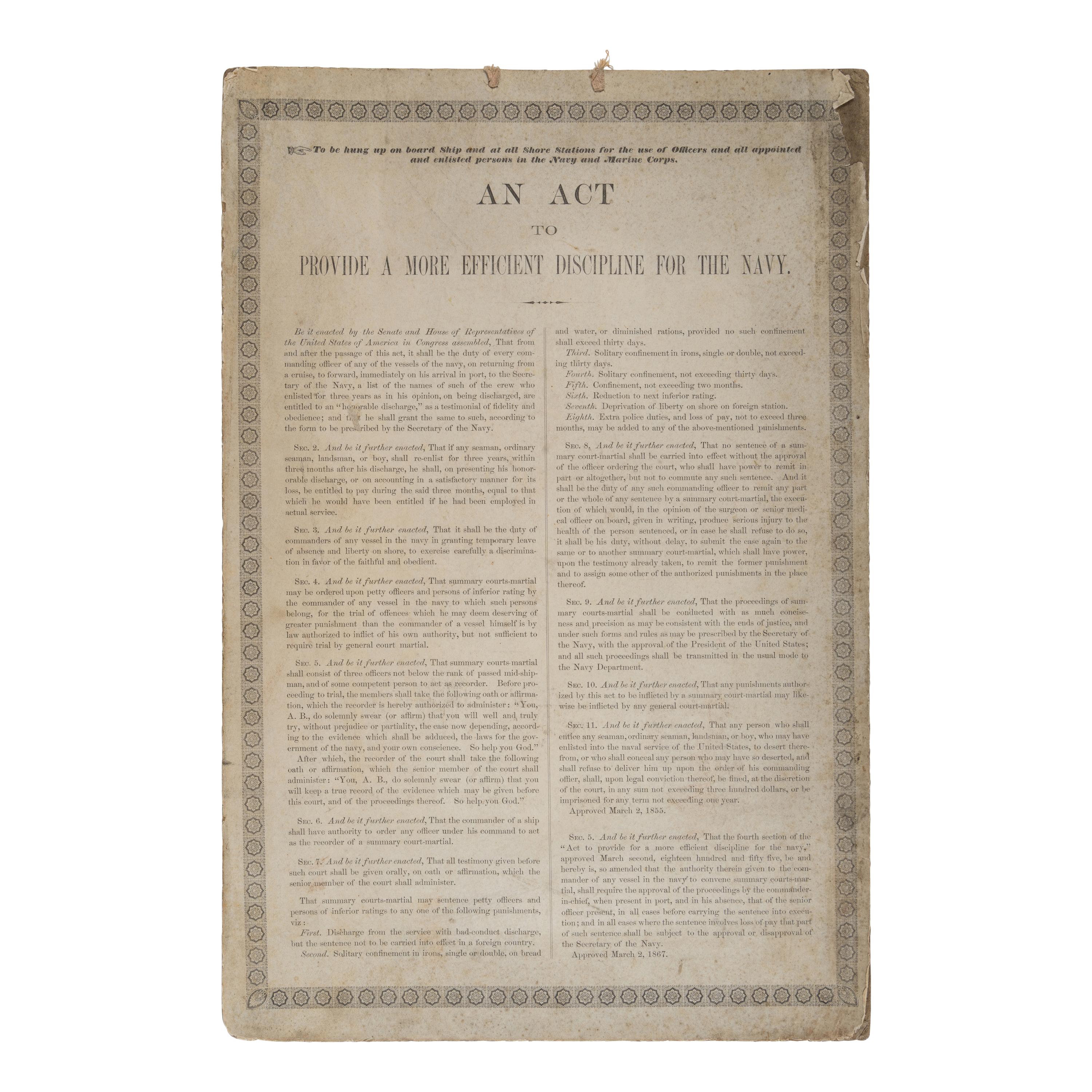 [U.S. Navy]. Broadside entitled "An act to provide a more efficient discipline for the Navy." 1867.