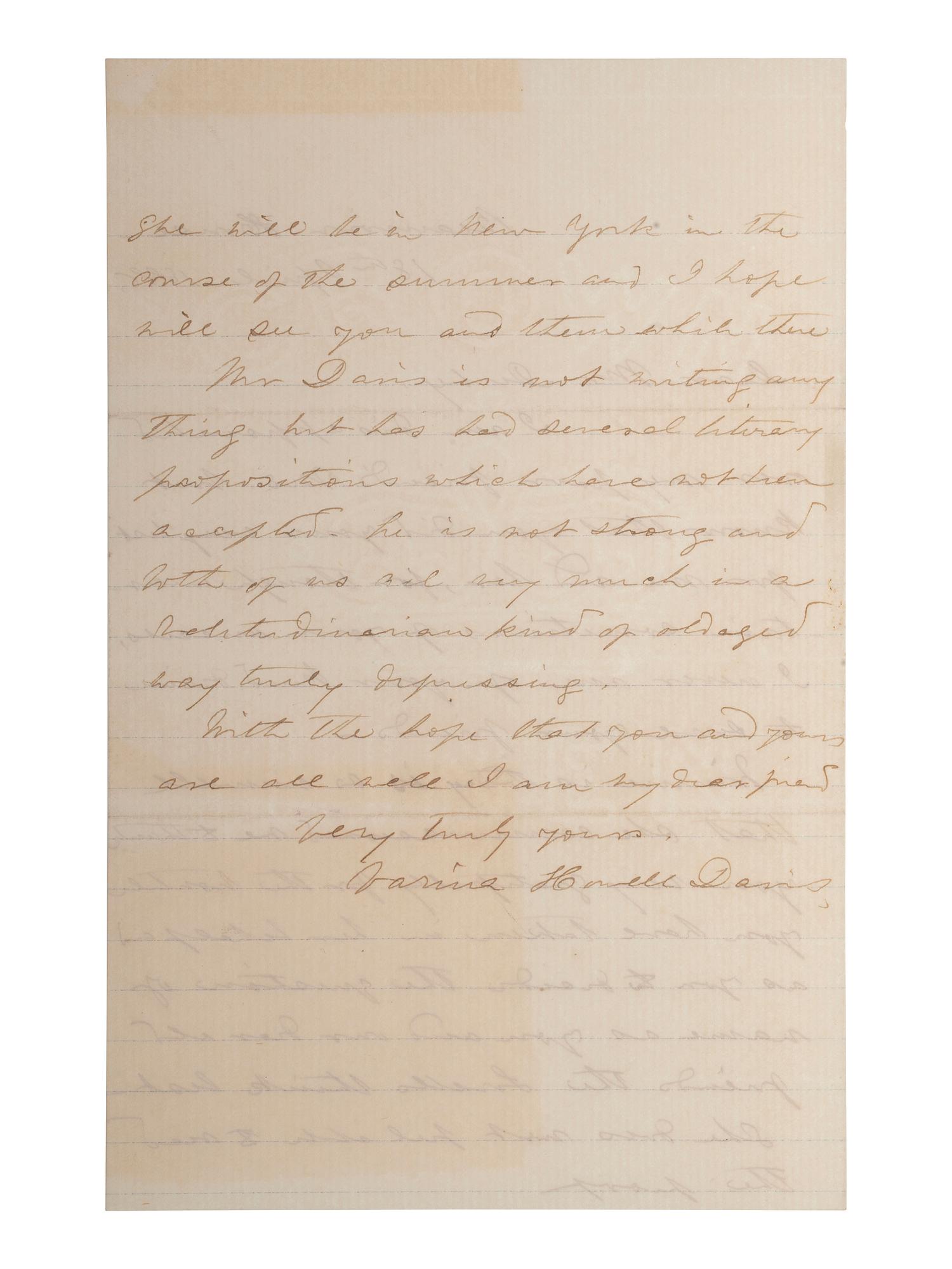 DAVIS, Varina Howell (1826-1906). Autograph letter signed ("Varina Howell Davis"). "Beauvoir House," 18 April 1888.