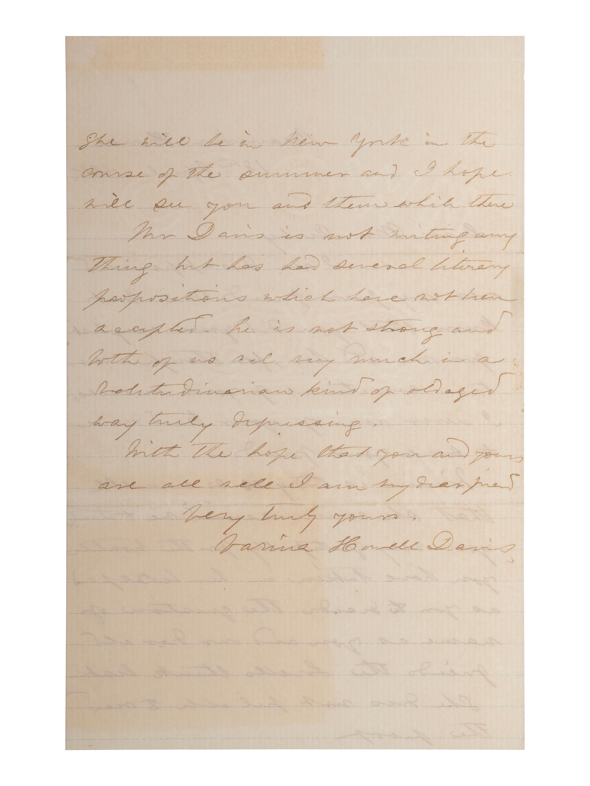 DAVIS, Varina Howell (1826-1906). Autograph letter signed ("Varina Howell Davis"). "Beauvoir House," 18 April 1888.