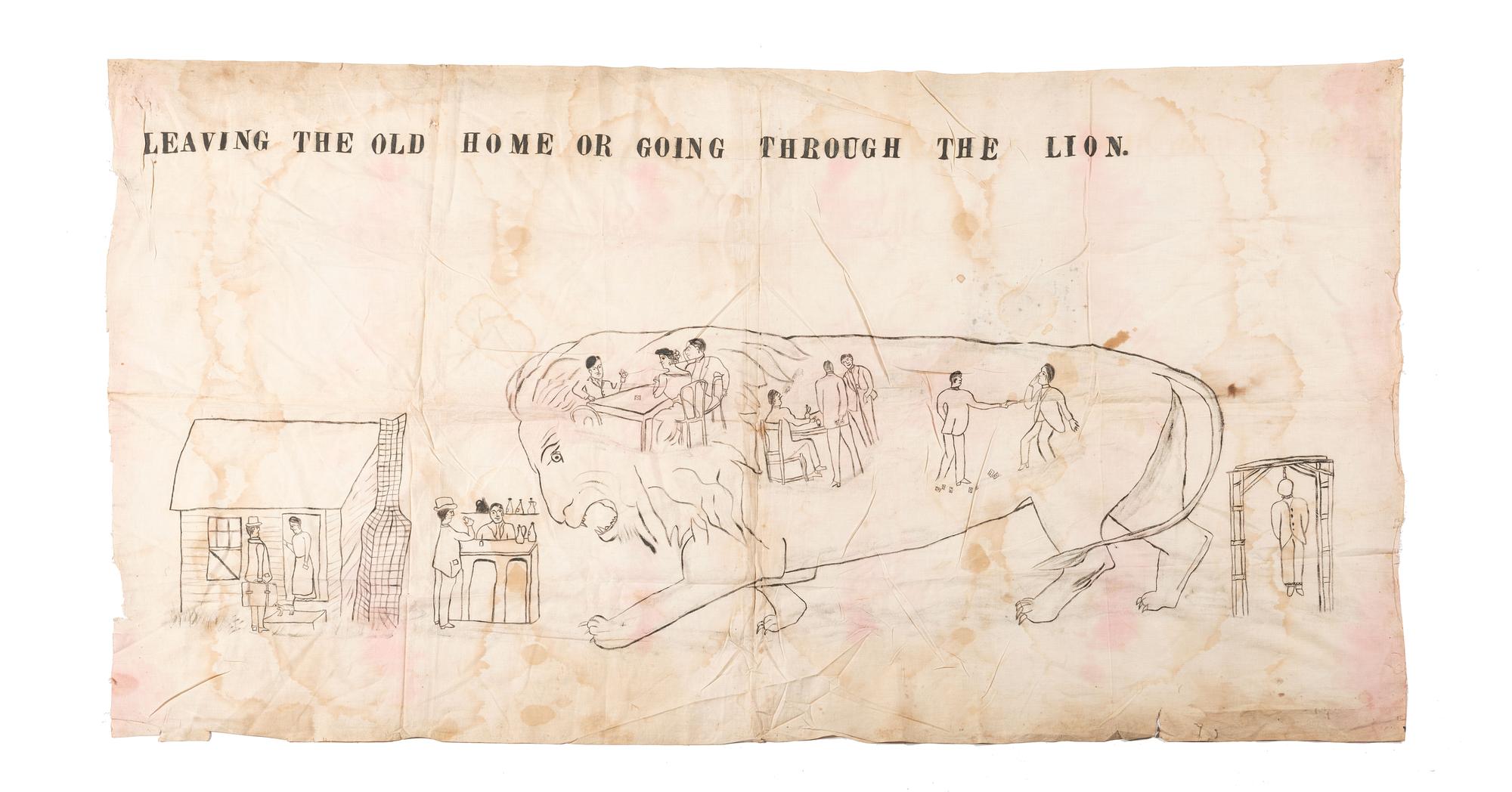 [RELIGION]. Leaving the Old Home or Going Through the Lion . Illustrated church tent revival banner. [ca 1910s-1920s].
