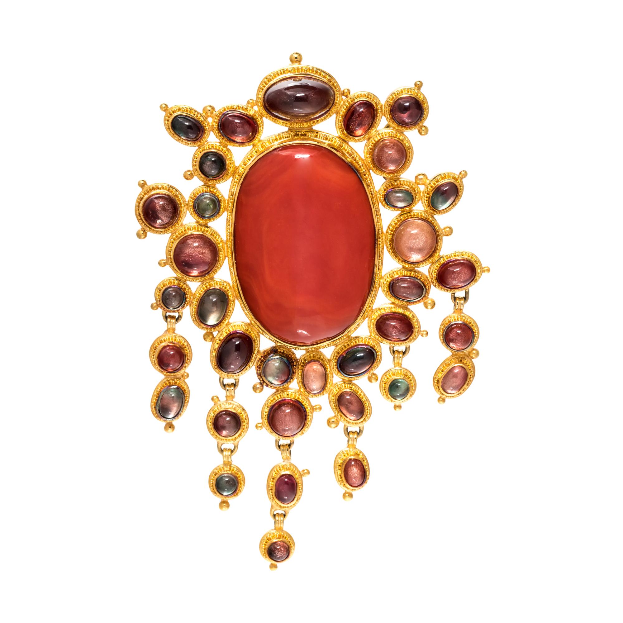 LUNA FELIX GOLDSMITH, CORAL AND SUNSTONE PENDANT/BROOCH