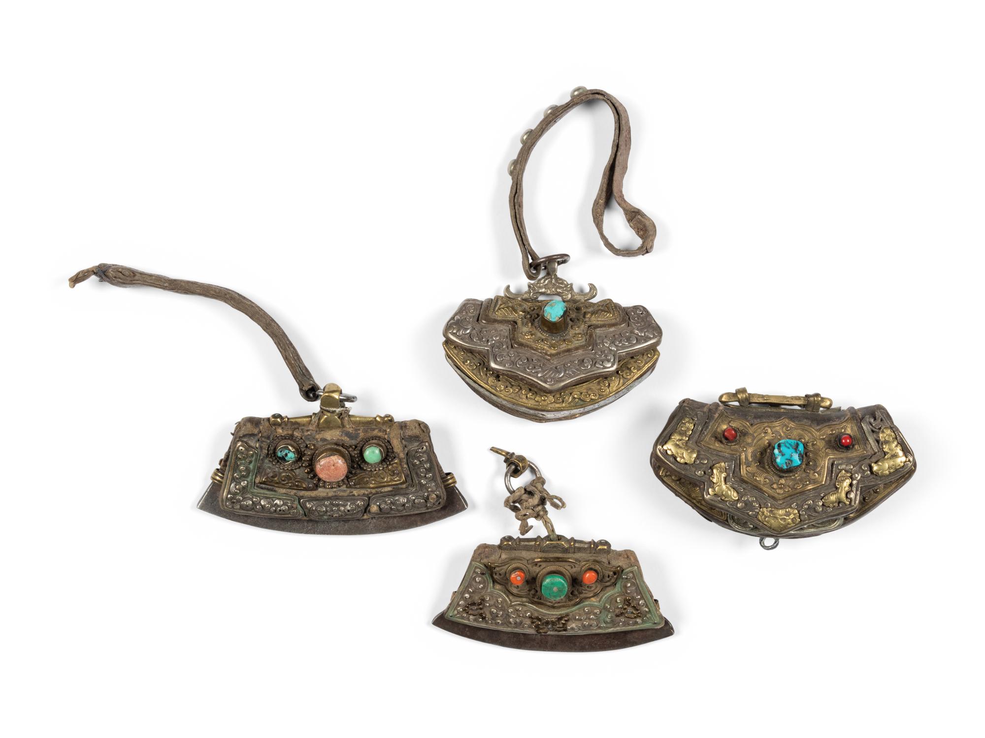 Four Tibetan Silver and Leather Pouches