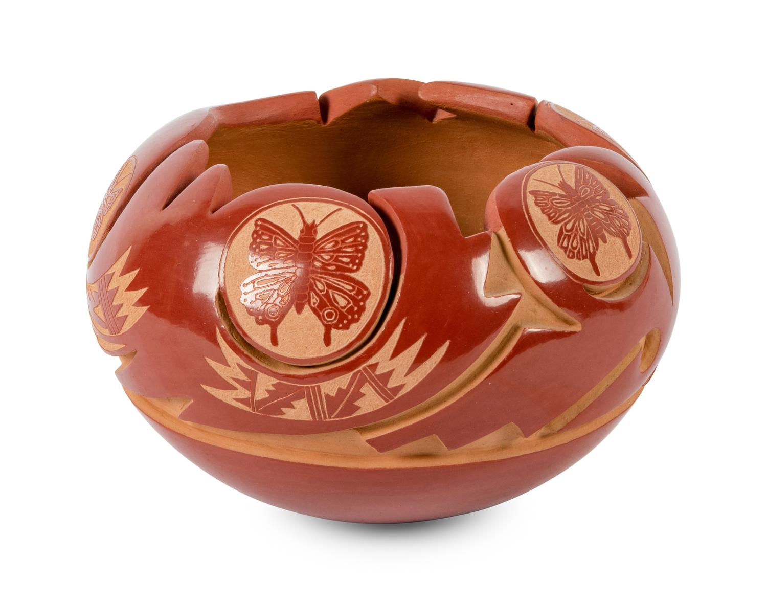 Redware Pottery Bowl with Butterfly Sgraffito Etchings