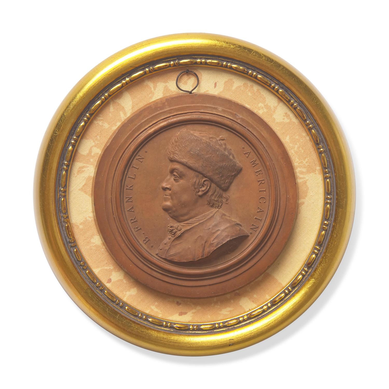 Jean-Baptiste Nini (Italian, 1717-1786), A Terracotta Portrait Medallion of Benjamin Franklin with Fur Hat