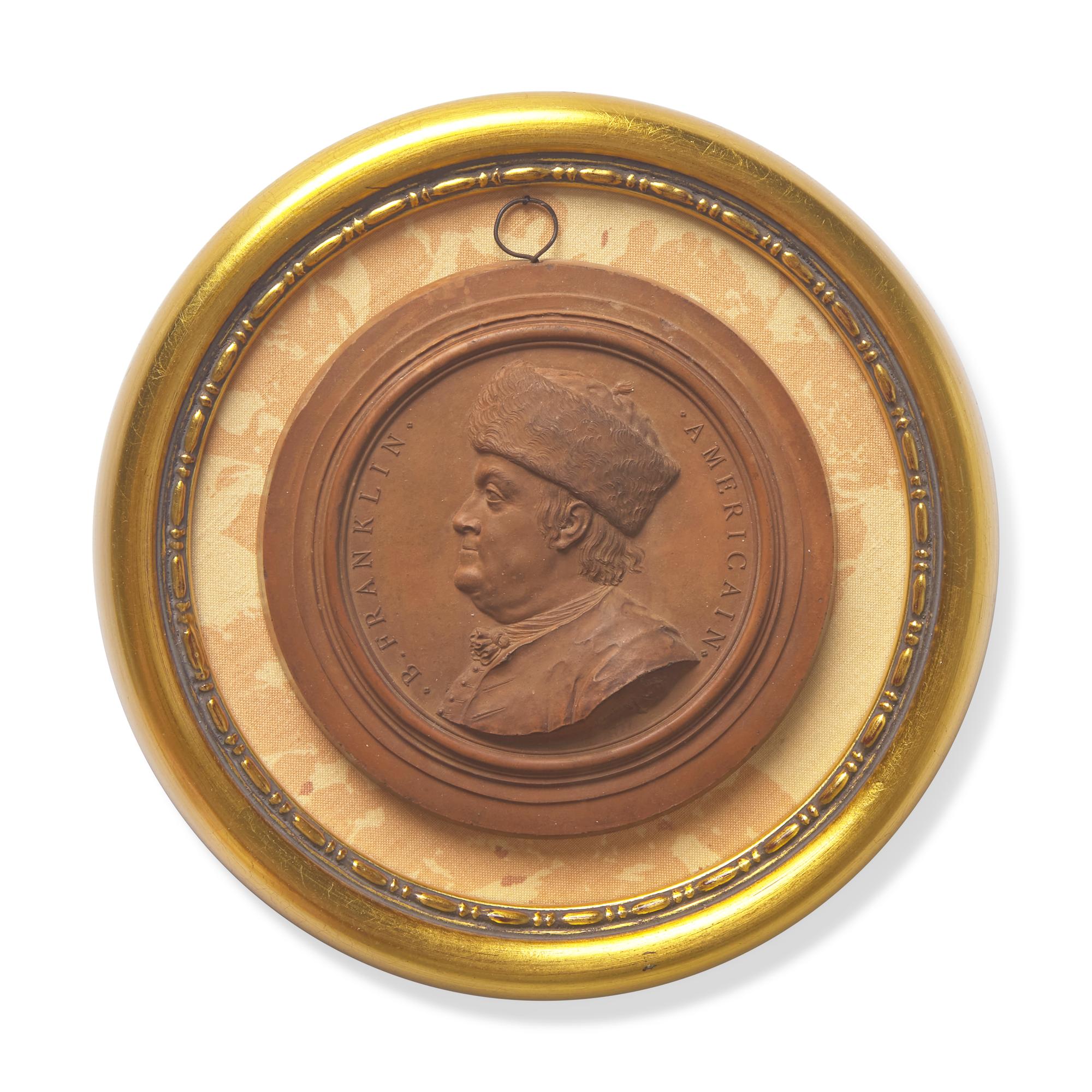 Jean-Baptiste Nini (Italian, 1717-1786), A Terracotta Portrait Medallion of Benjamin Franklin with Fur Hat