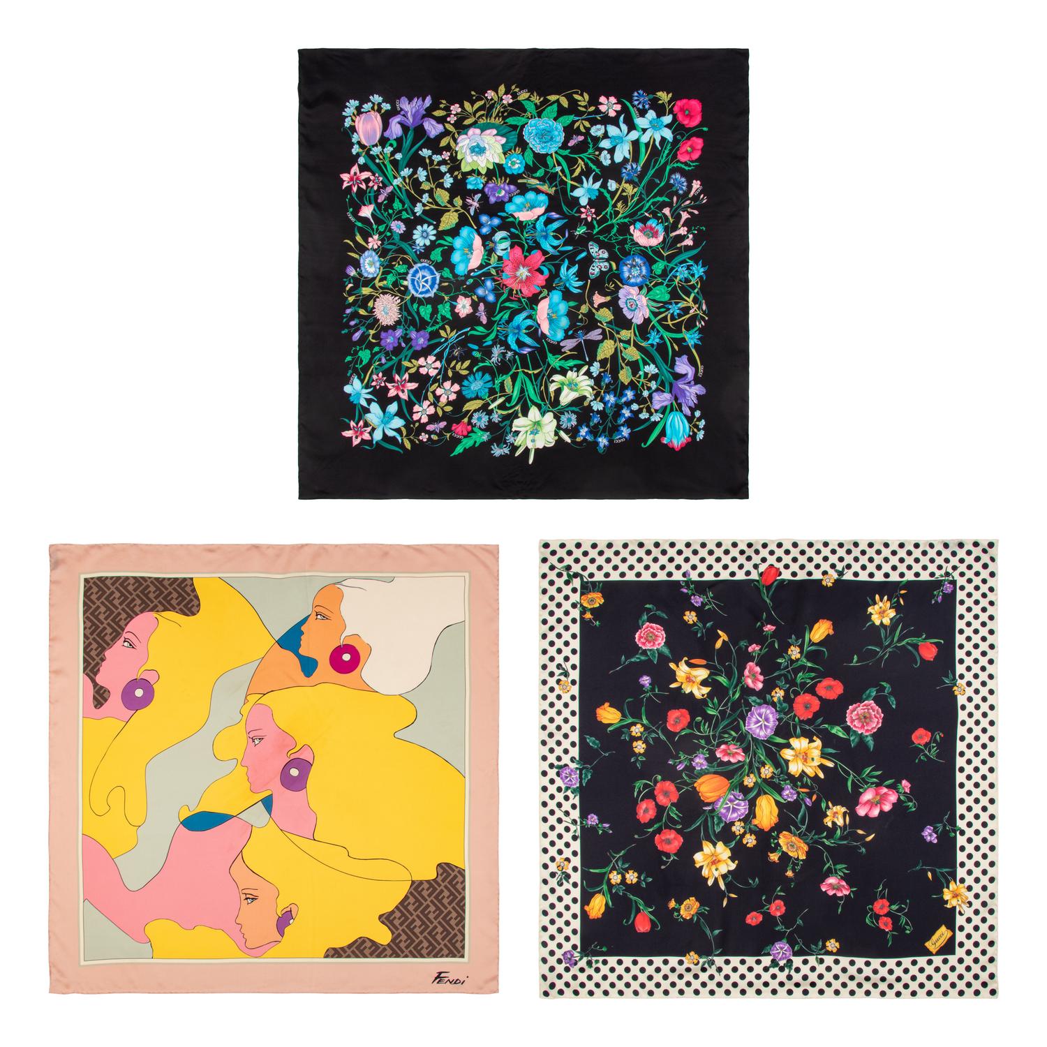 GUCCI & FENDI, THREE PRINTED SILK SCARVES