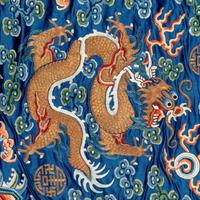 A Chinese Blue Ground Embroidered Silk 'Dragon' Robe, Jifu , 19th Century 清晚期 藍緞地綉云龍紋吉服
