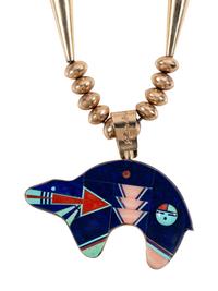 14k Gold Necklace, with Reversible Mosaic Inlay Bear Pendant, in the Stye of Jesse Monongya