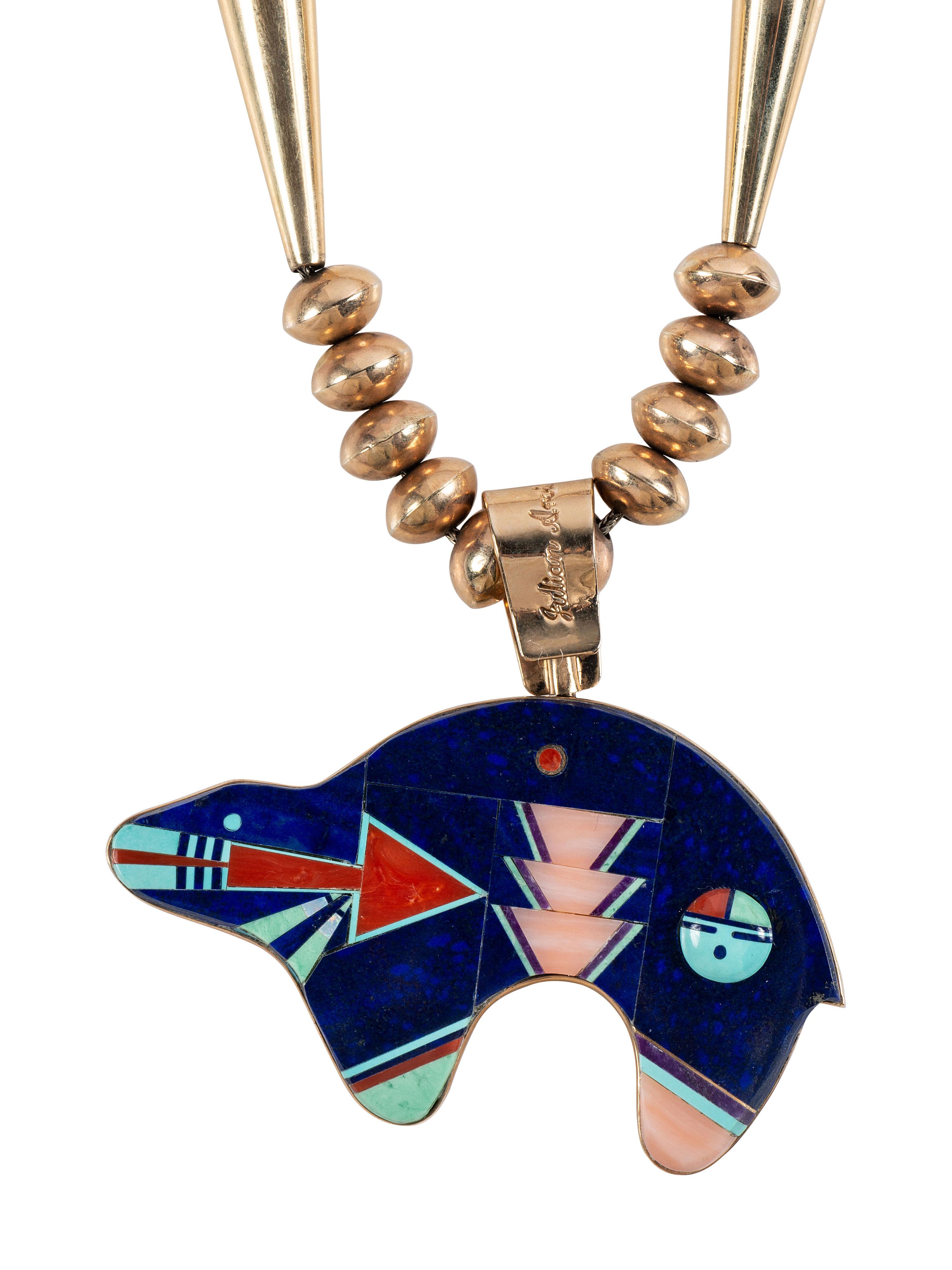 14k Gold Necklace, with Reversible Mosaic Inlay Bear Pendant, in the Stye of Jesse Monongya