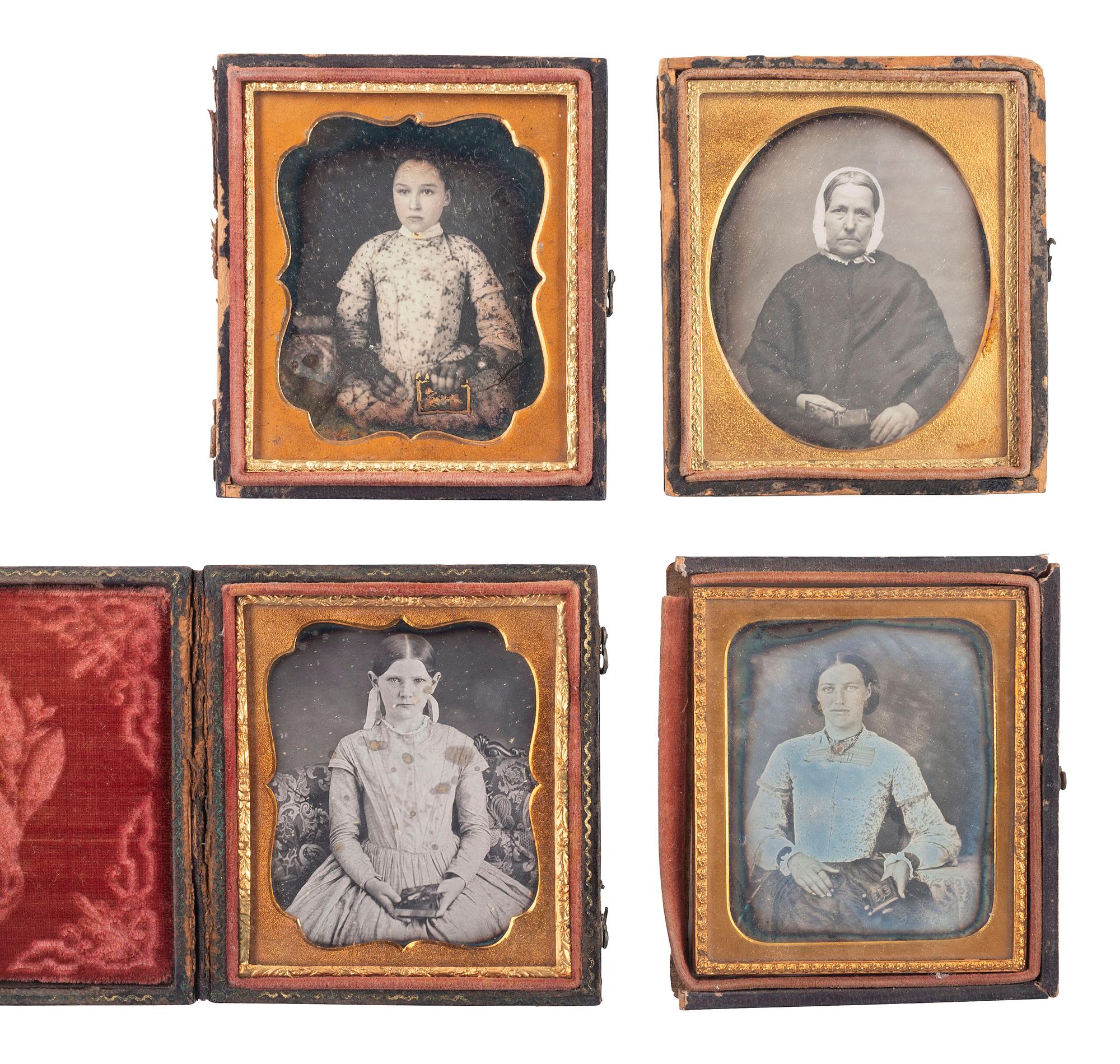 [EARLY PHOTOGRAPHY]. 12 daguerreotype portraits of female subjects holding cased images, including: