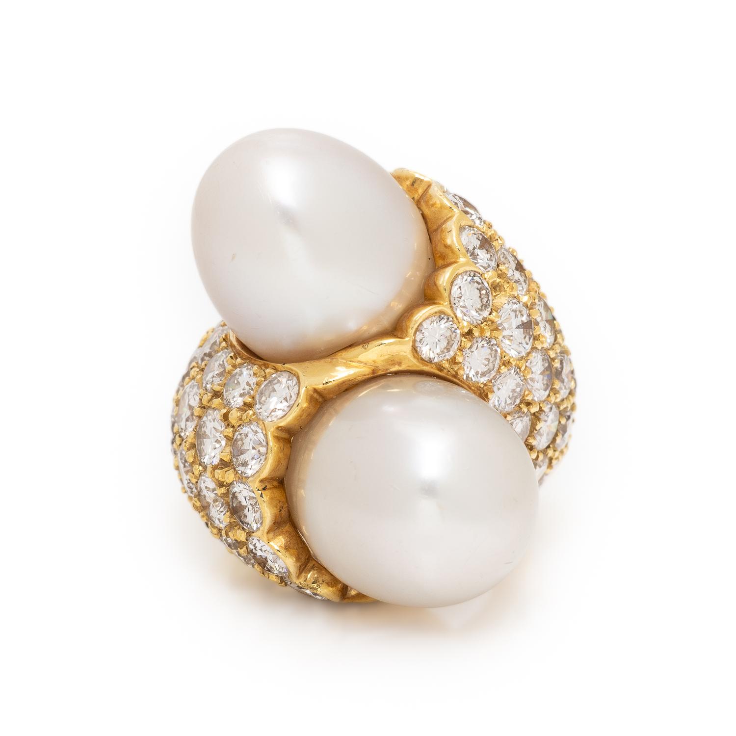 Cultured Pearl, Diamond, and Yellow Gold Bypass Ring