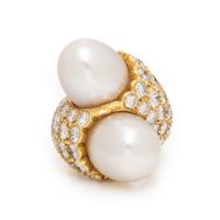 Cultured Pearl, Diamond, and Yellow Gold Bypass Ring