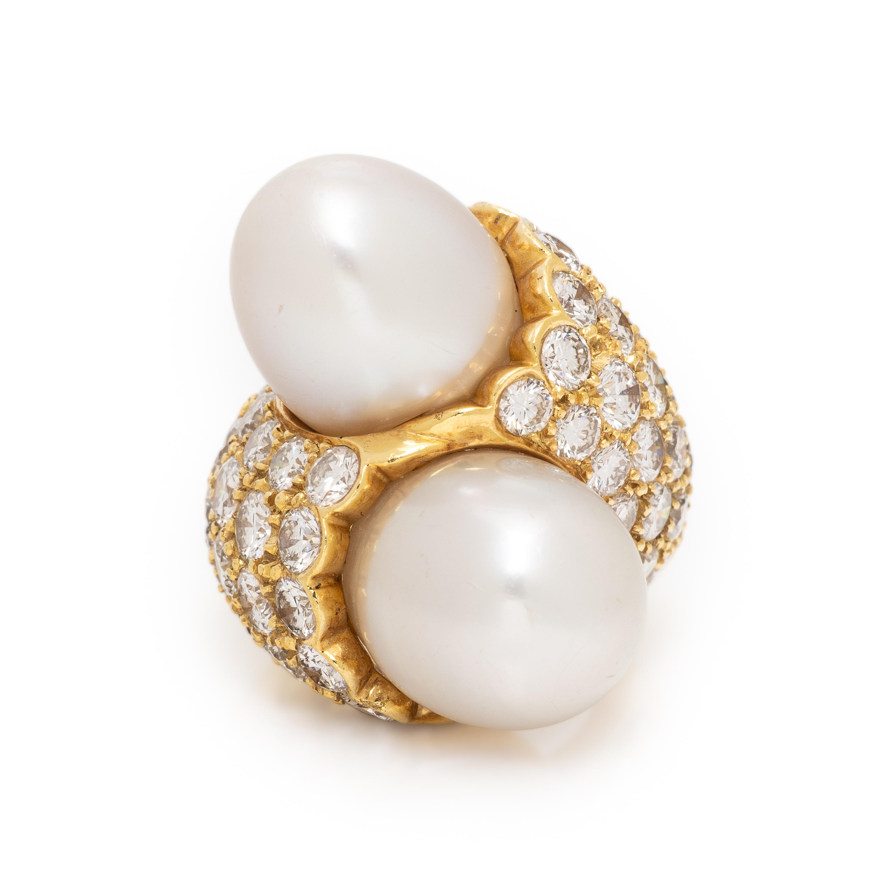 Cultured Pearl, Diamond, and Yellow Gold Bypass Ring