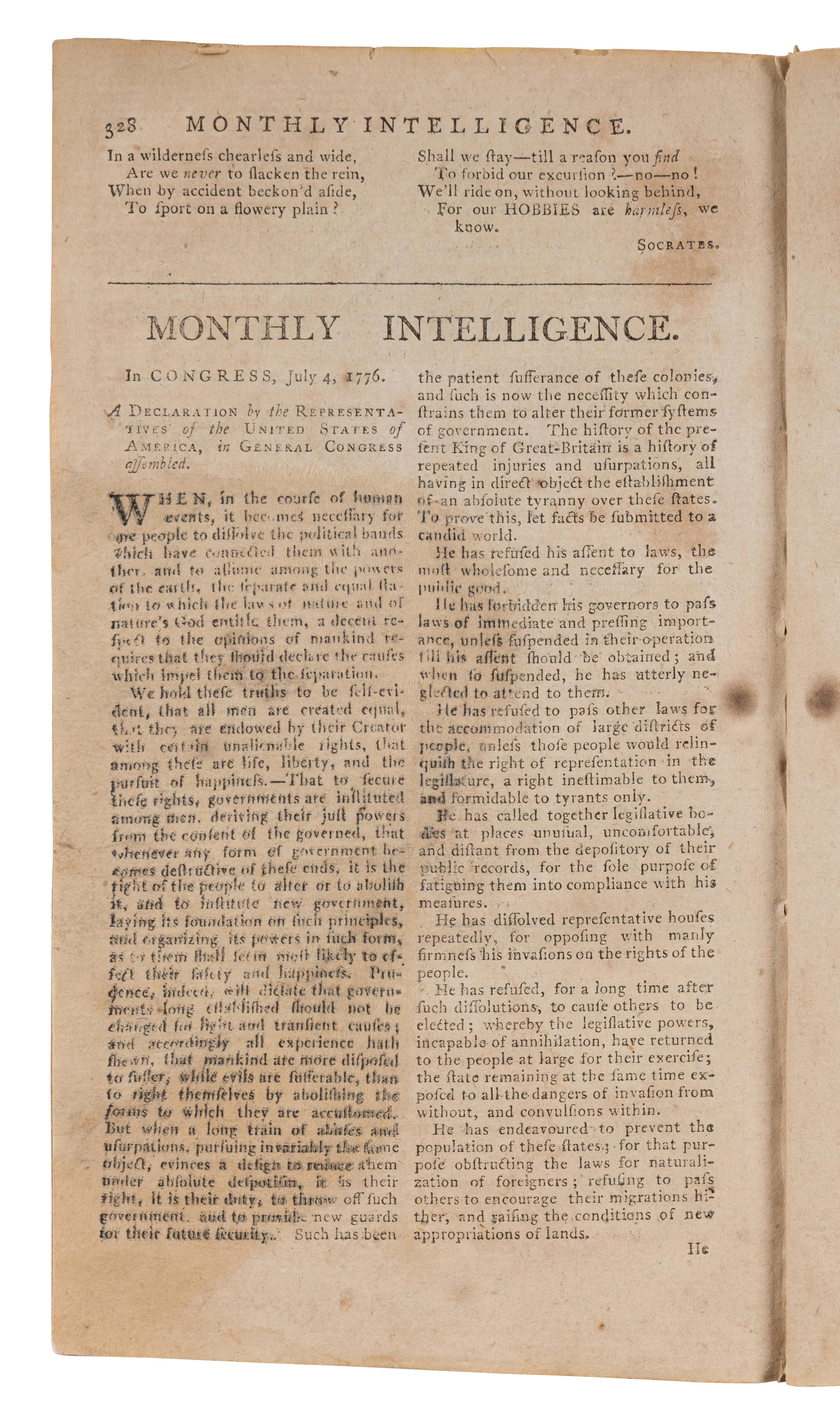 [Declaration of Independence]. The Pennsylvania Magazine: or, American Monthly Museum for July 1776. Thomas Paine, editor. Philadelphia: Printed for R. Aitken, 1776.